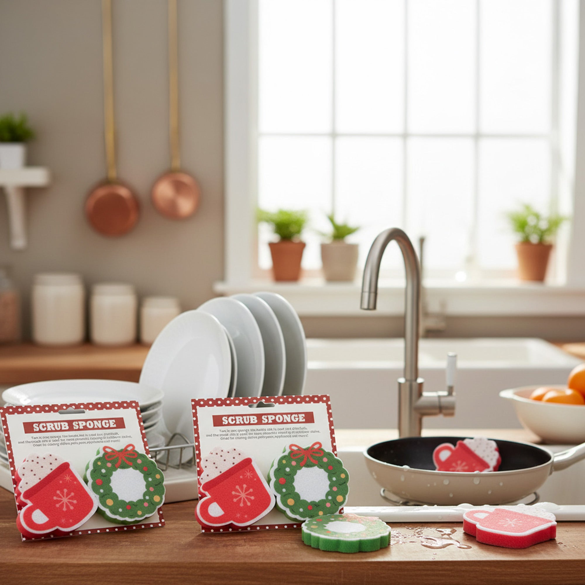 Kitchen Sponge Beverage & Wreath 2 Piece, Wreath, Holiday Decor- Set of 4