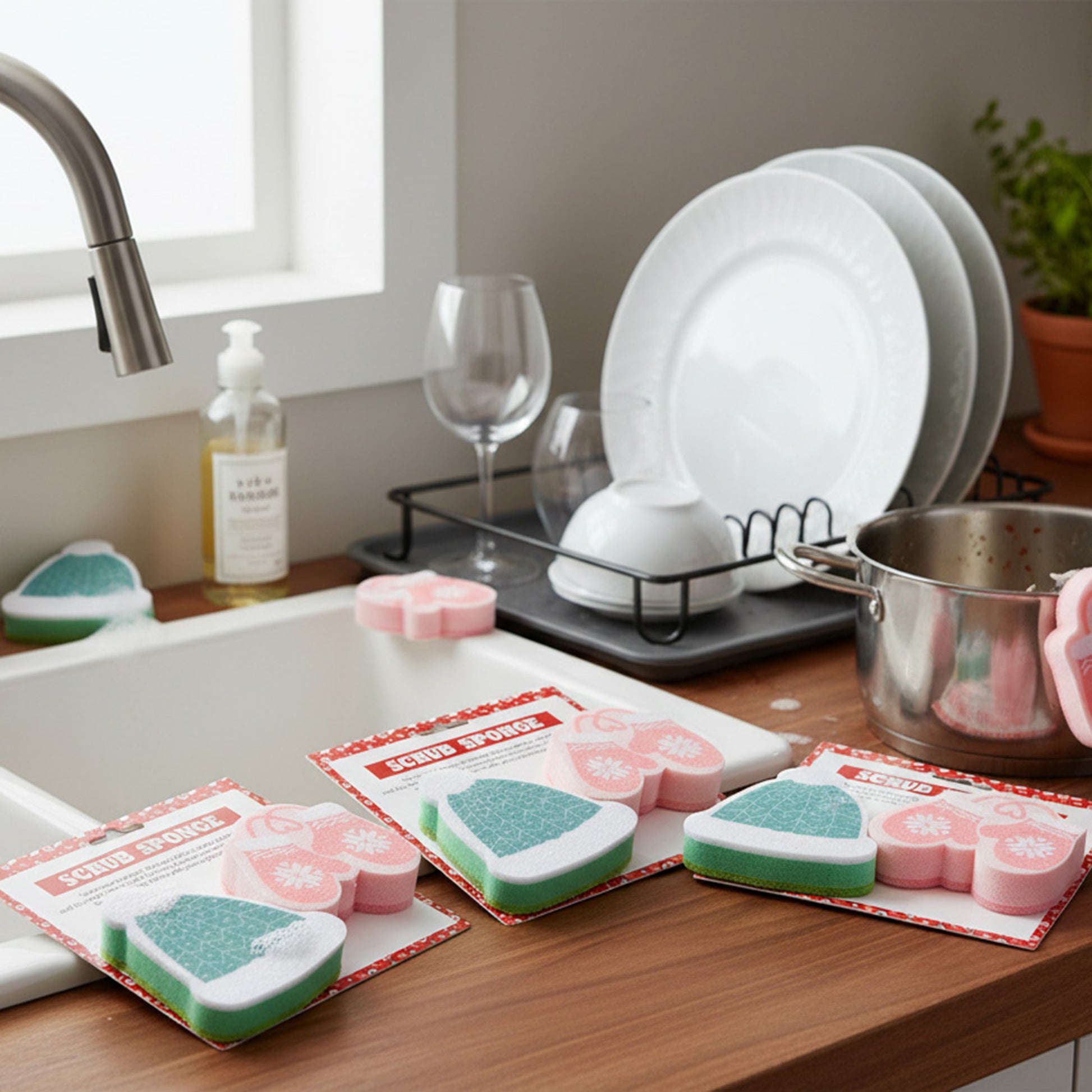 Kitchen Sponge Toque & Gloves 2 Piece, Holiday Decor- Set of 4