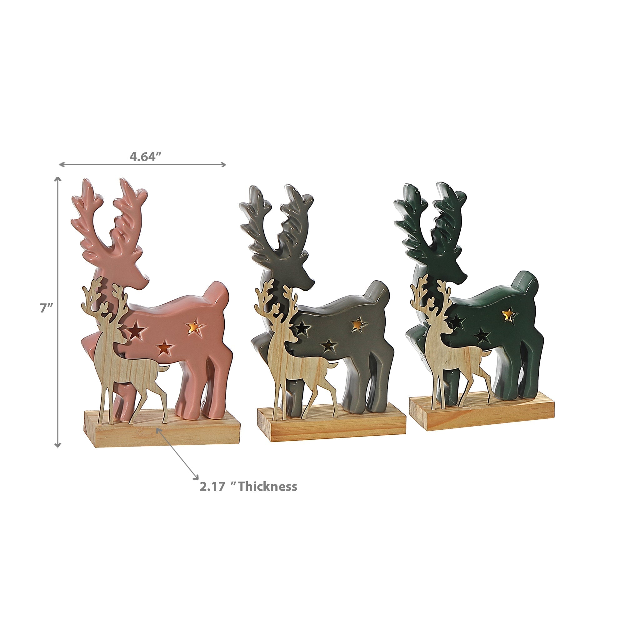 LED Deer with Wooden Stand Christmas Decoration Set of 3 – Holiday Table Decor, LED Figurine