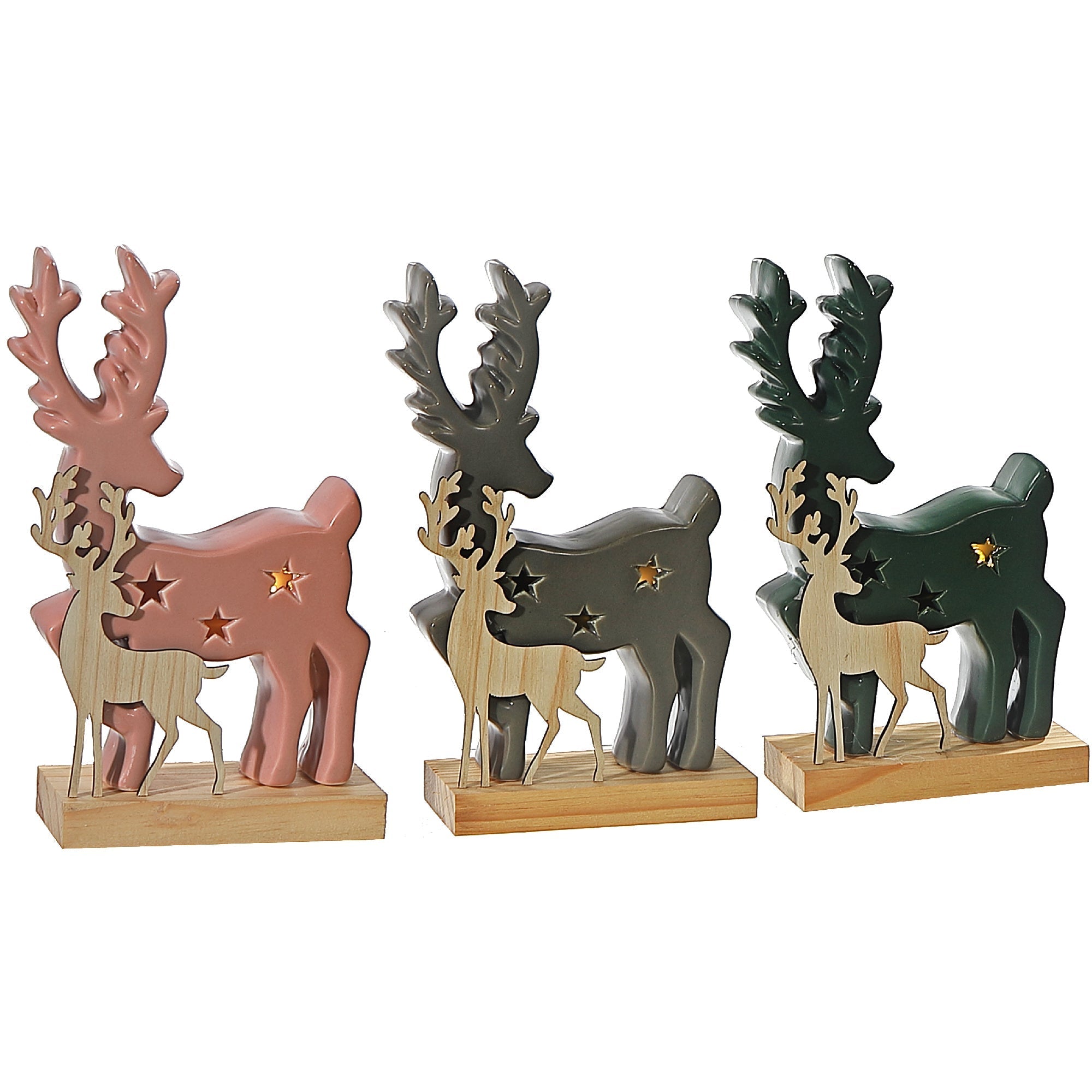 LED Deer with Wooden Stand Christmas Decoration Set of 3 – Holiday Table Decor, LED Figurine