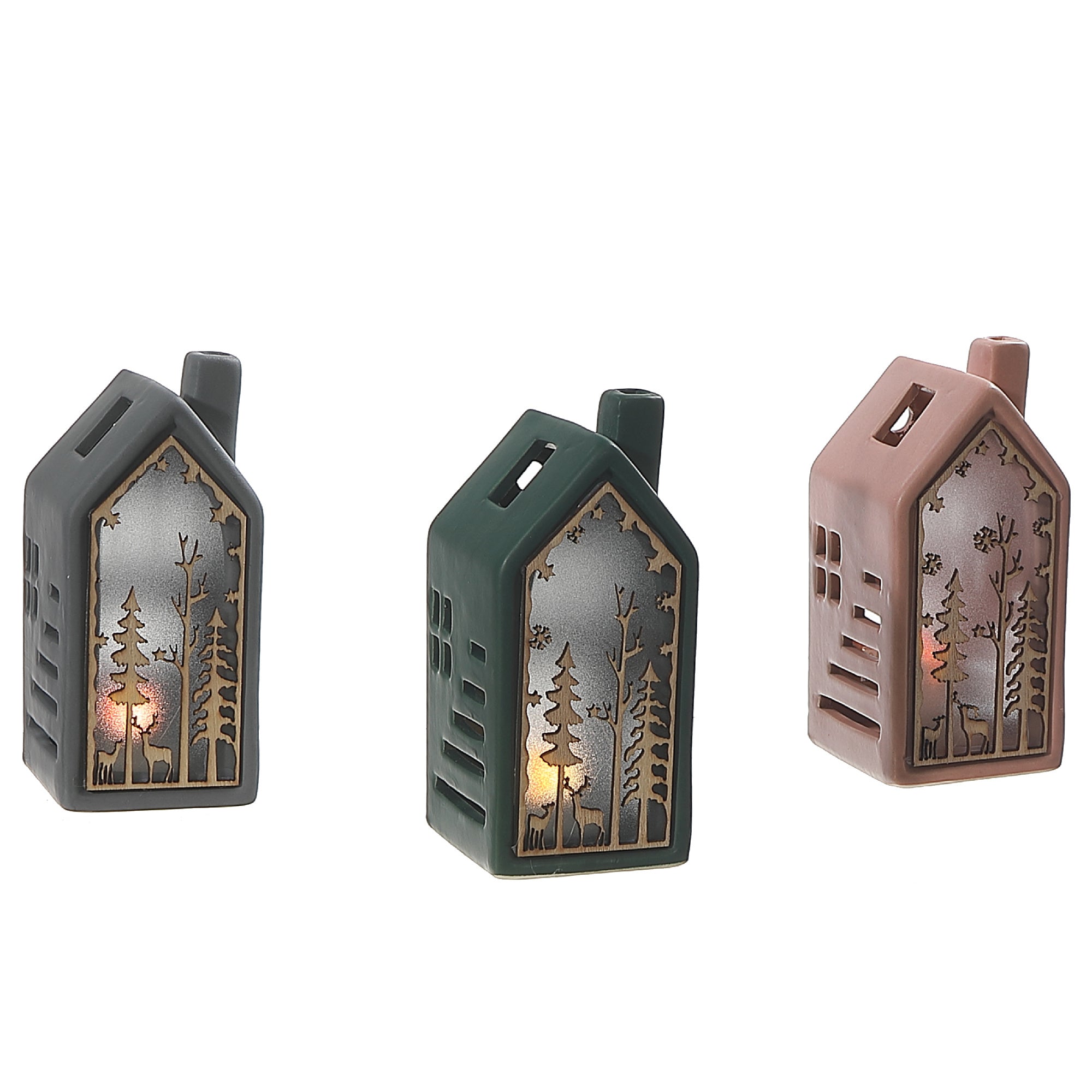 LED Wooden House Shape with Scenic Christmas Ornament Set of 3 – Holiday Table Decor, LED Christmas Decoration