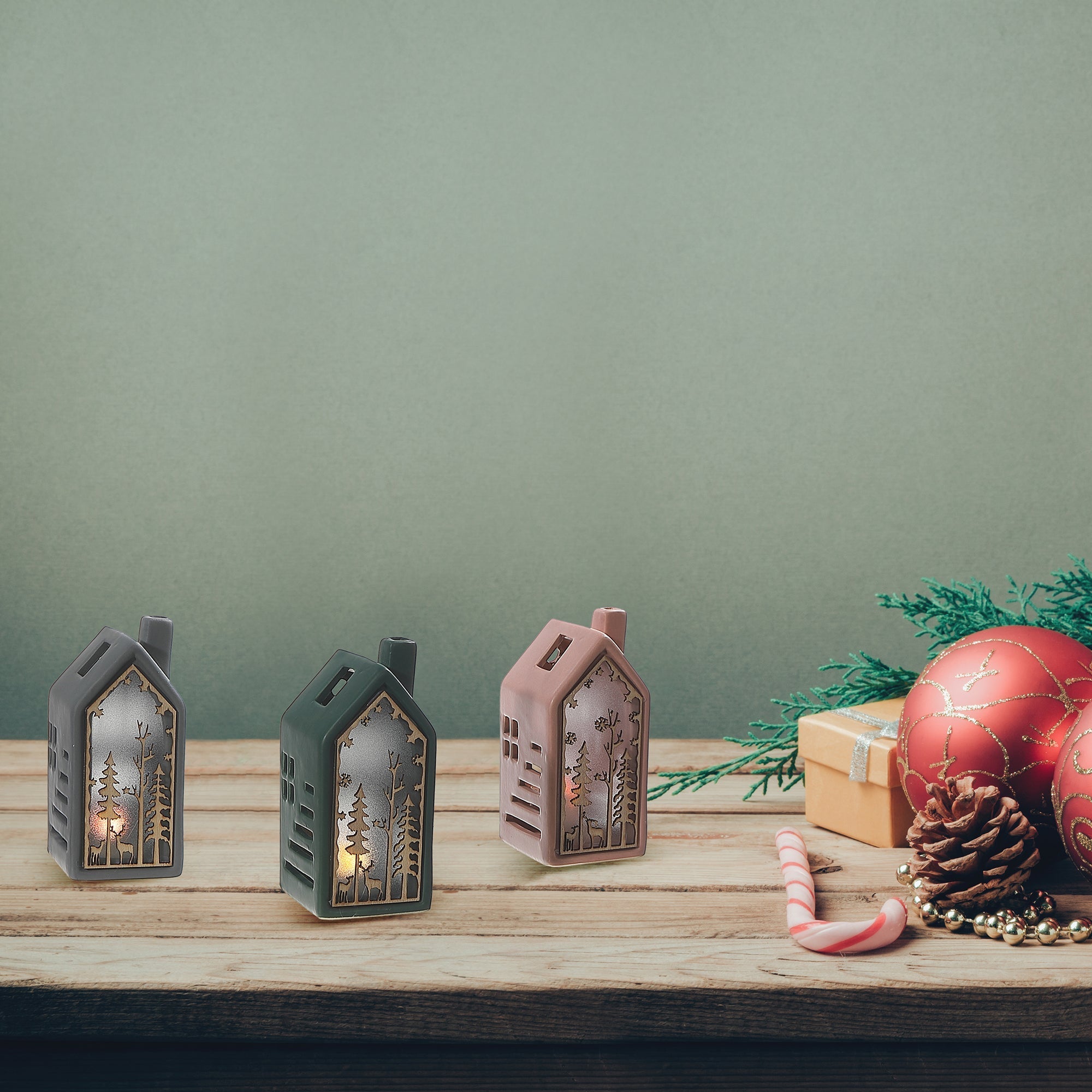 LED Wooden House Shape with Scenic Christmas Ornament Set of 3 – Holiday Table Decor, LED Christmas Decoration