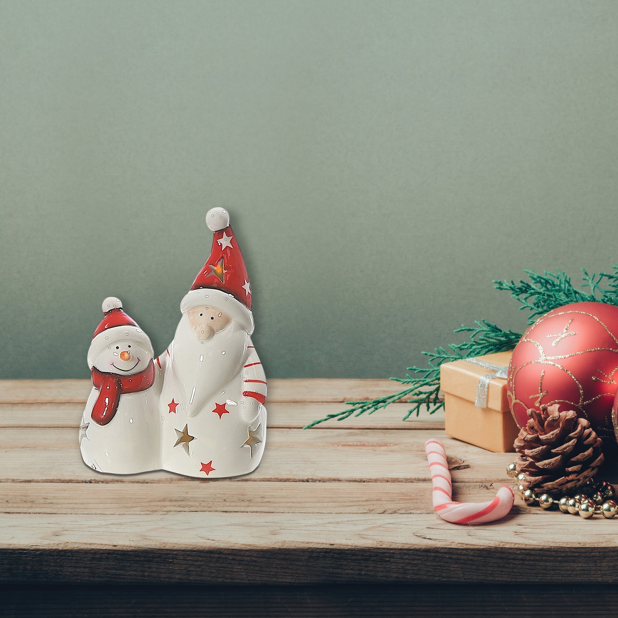 Lighted Snowman And Santa Figurine, Christmas Holiday Decoration, Winter Tabletop Decor