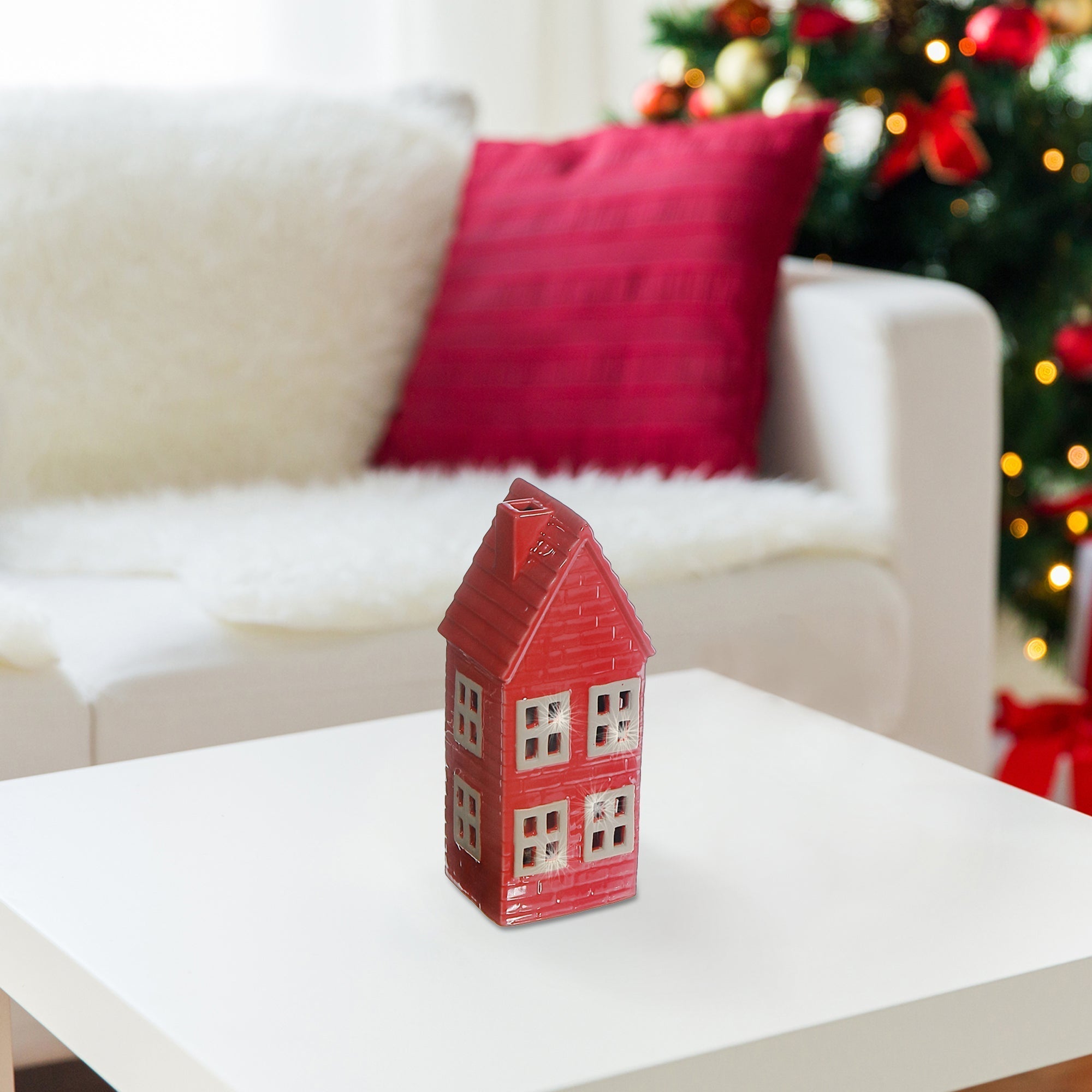LED Porcelain Red House 8" – Christmas Tabletop Decoration, Holiday Accent, Illuminated Winter Scene