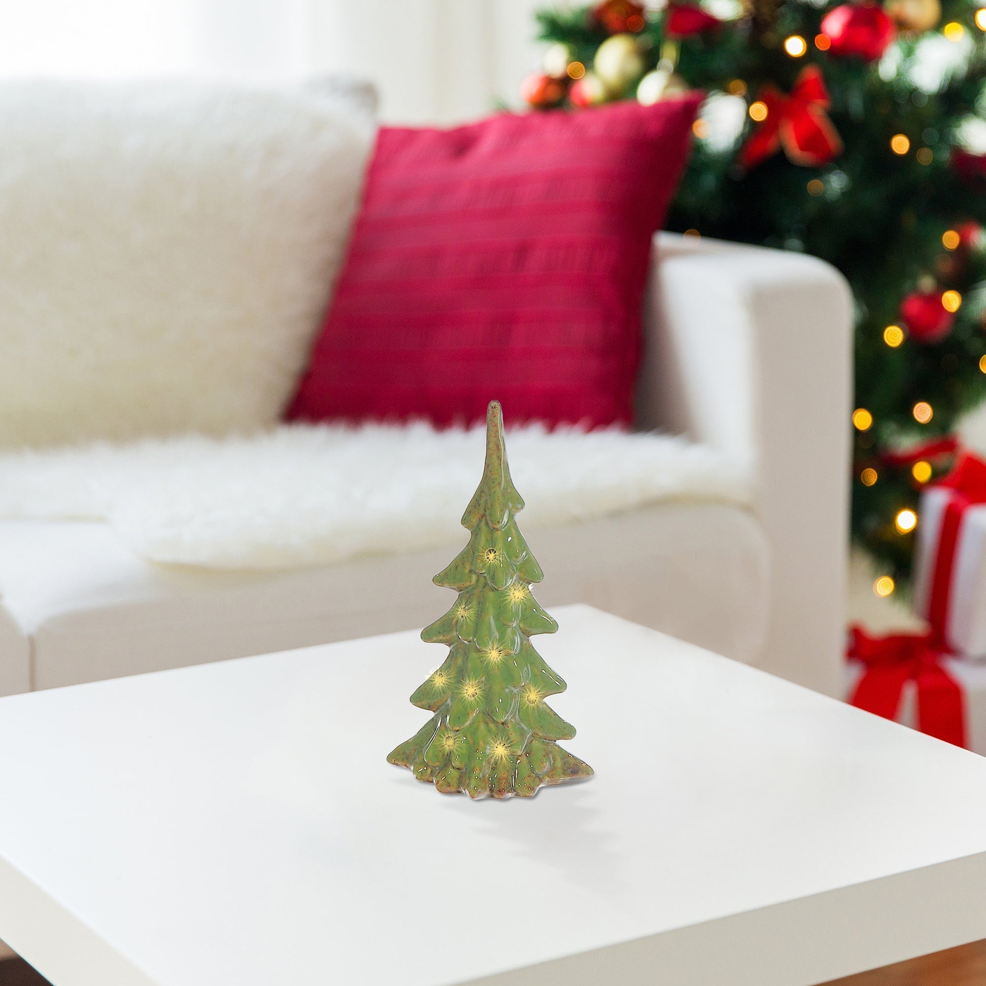 LED Porcelain Tree Decor Green – Christmas Tabletop Decoration, Illuminated Holiday Accent, Festive Winter Decor