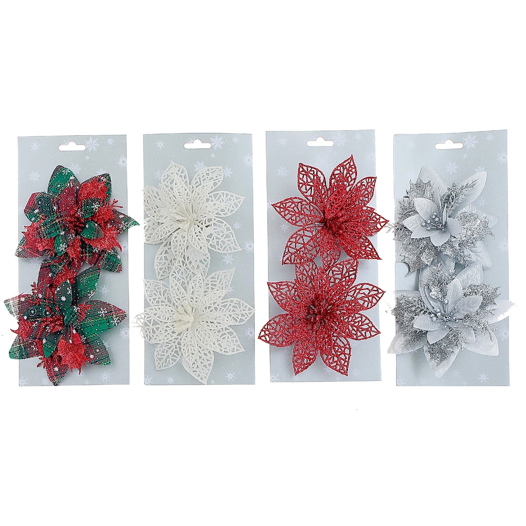 Assorted Glittered Tuile Poinsettia Decorative Clip - Set of 4, Holiday Floral Decoration, Christmas Centerpiece Accent, Festive Arrangement