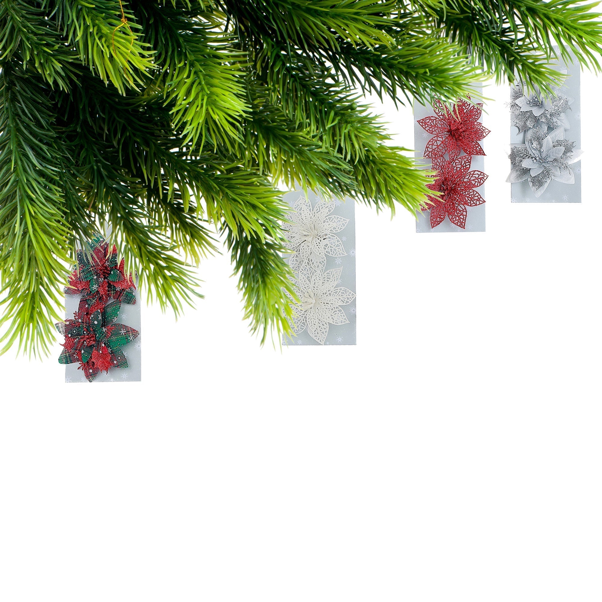 Assorted Glittered Tuile Poinsettia Decorative Clip - Set of 4, Holiday Floral Decoration, Christmas Centerpiece Accent, Festive Arrangement