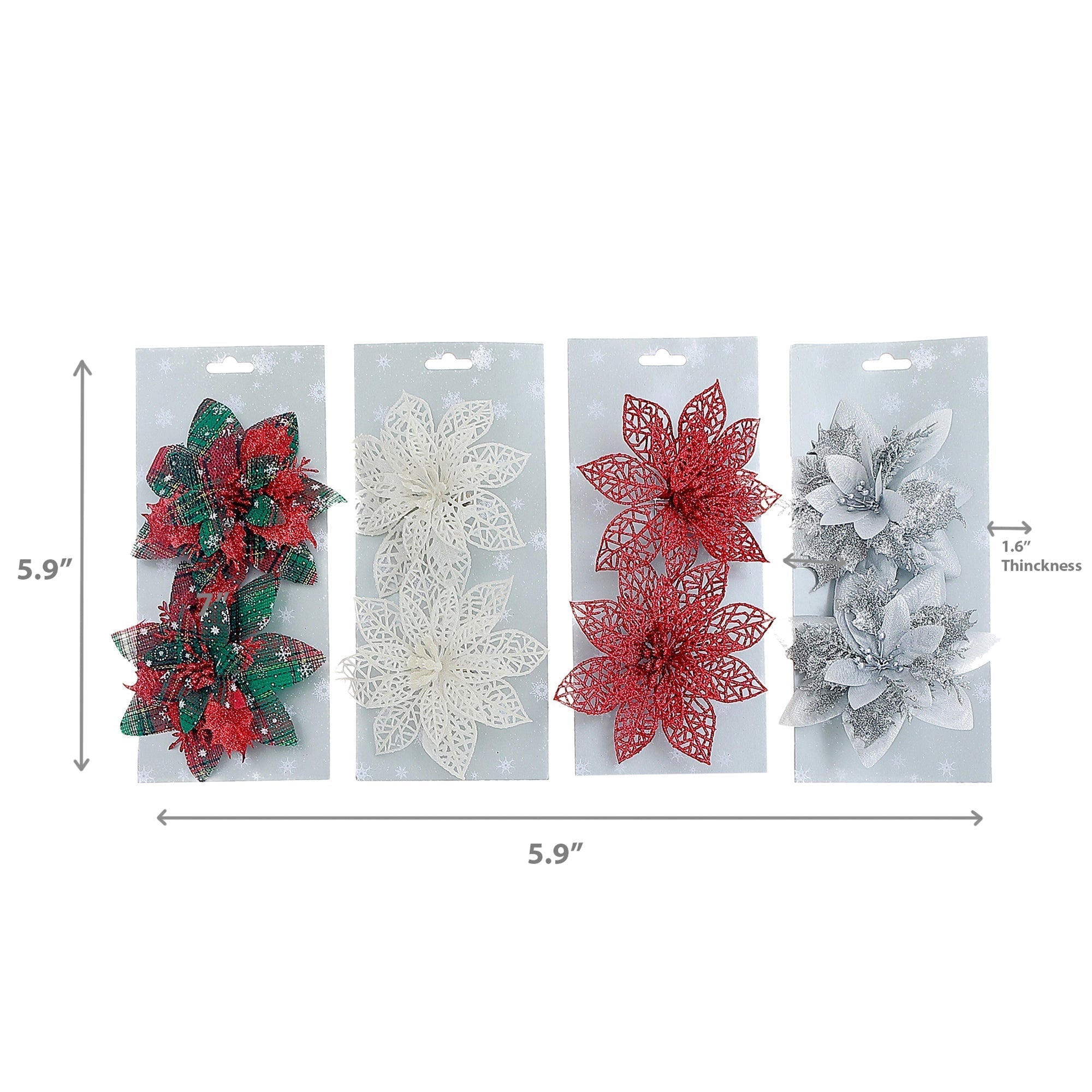 Assorted Glittered Tuile Poinsettia Decorative Clip - Set of 4, Holiday Floral Decoration, Christmas Centerpiece Accent, Festive Arrangement