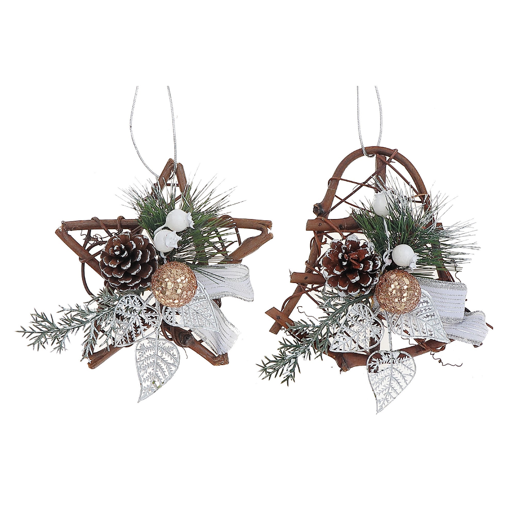 Six Inch Rattan Decoration with Pine Cone Hanging - Assorted - Set of 2, Holiday Wall or Door Decor, Christmas Floral Accent