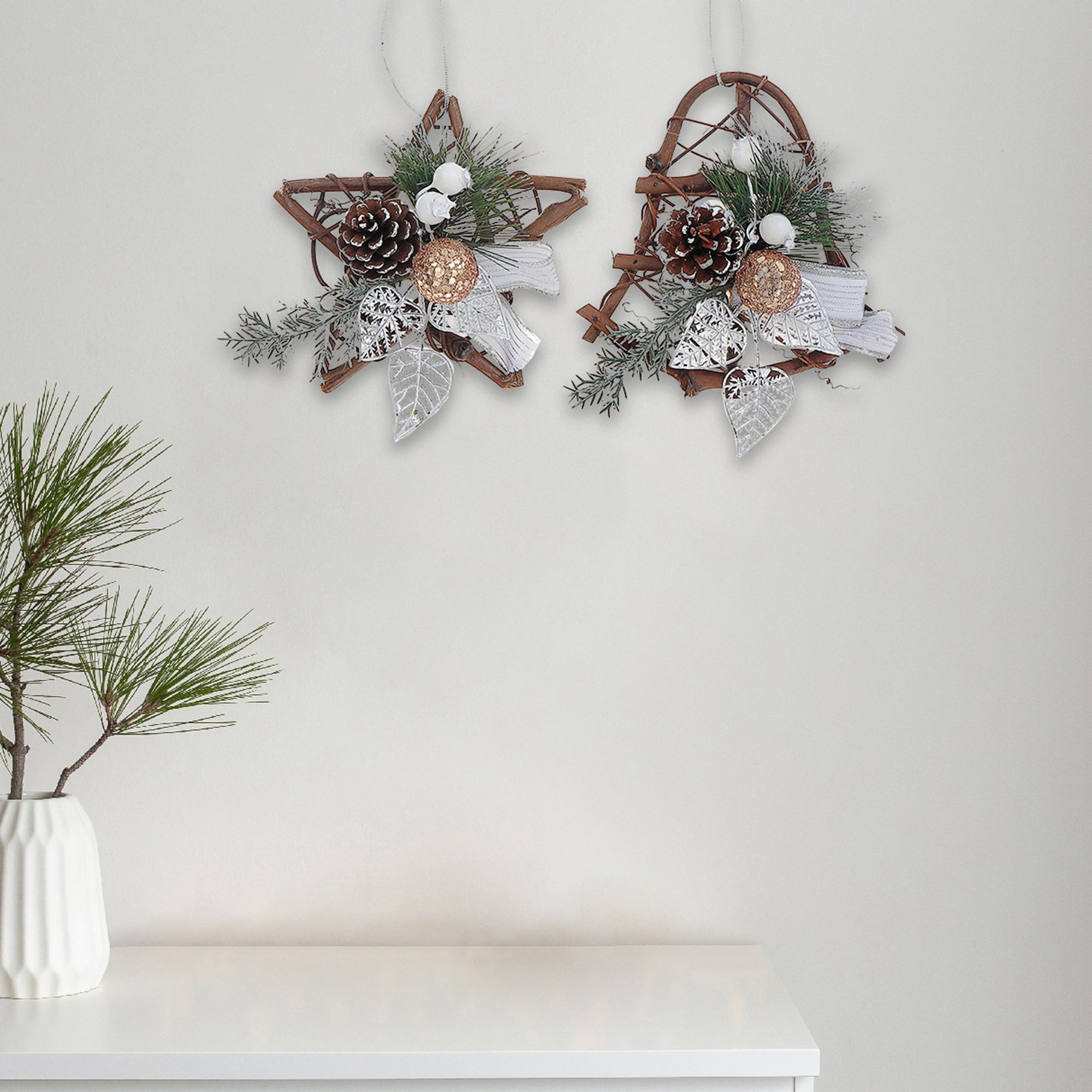 Six Inch Rattan Decoration with Pine Cone Hanging - Assorted - Set of 2, Holiday Wall or Door Decor, Christmas Floral Accent