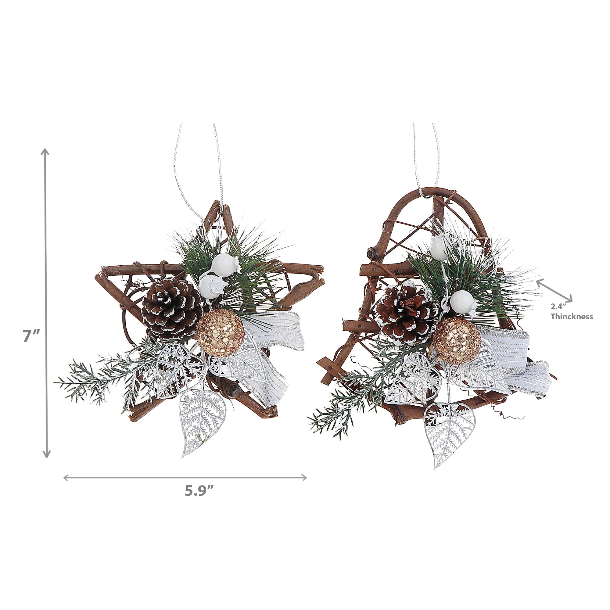 Six Inch Rattan Decoration with Pine Cone Hanging - Assorted - Set of 2, Holiday Wall or Door Decor, Christmas Floral Accent