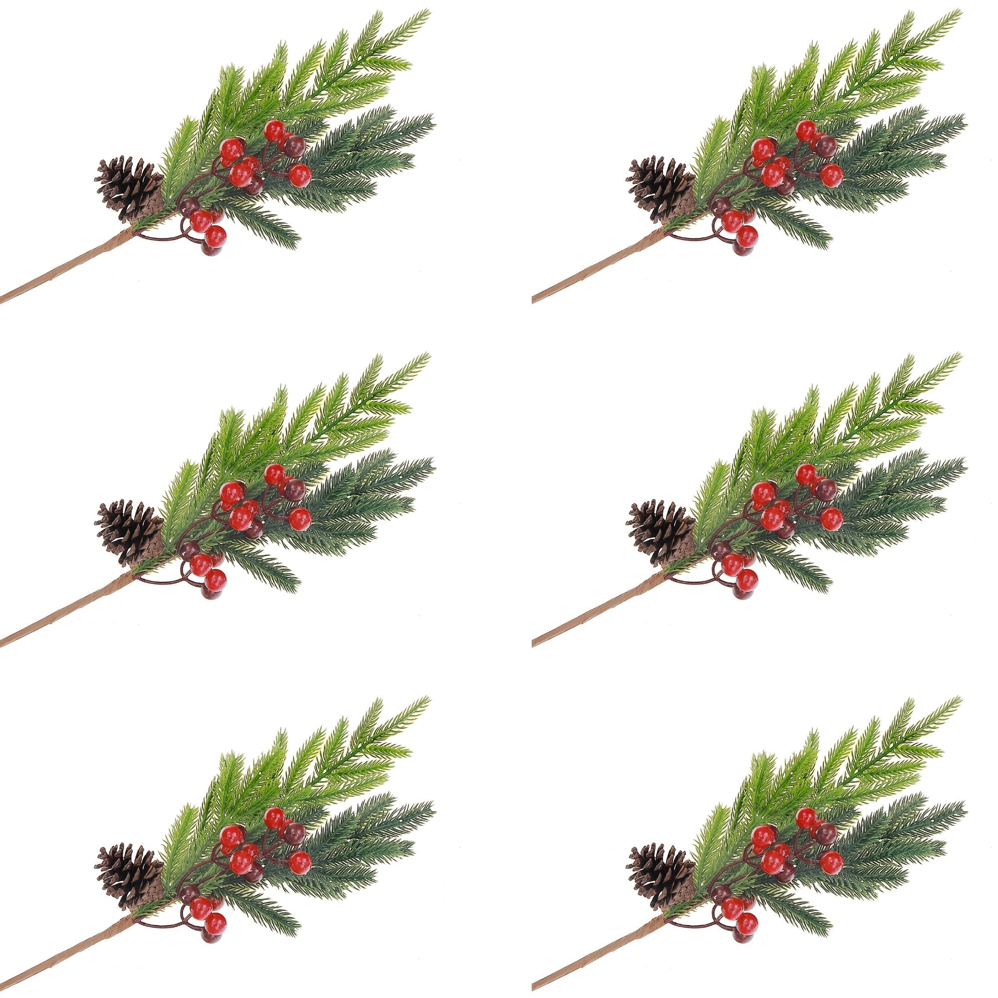 Pine Cone and Berries Decorative Pick - Set of 6, Holiday Floral Decor, Christmas Centerpiece, Festive Arrangement