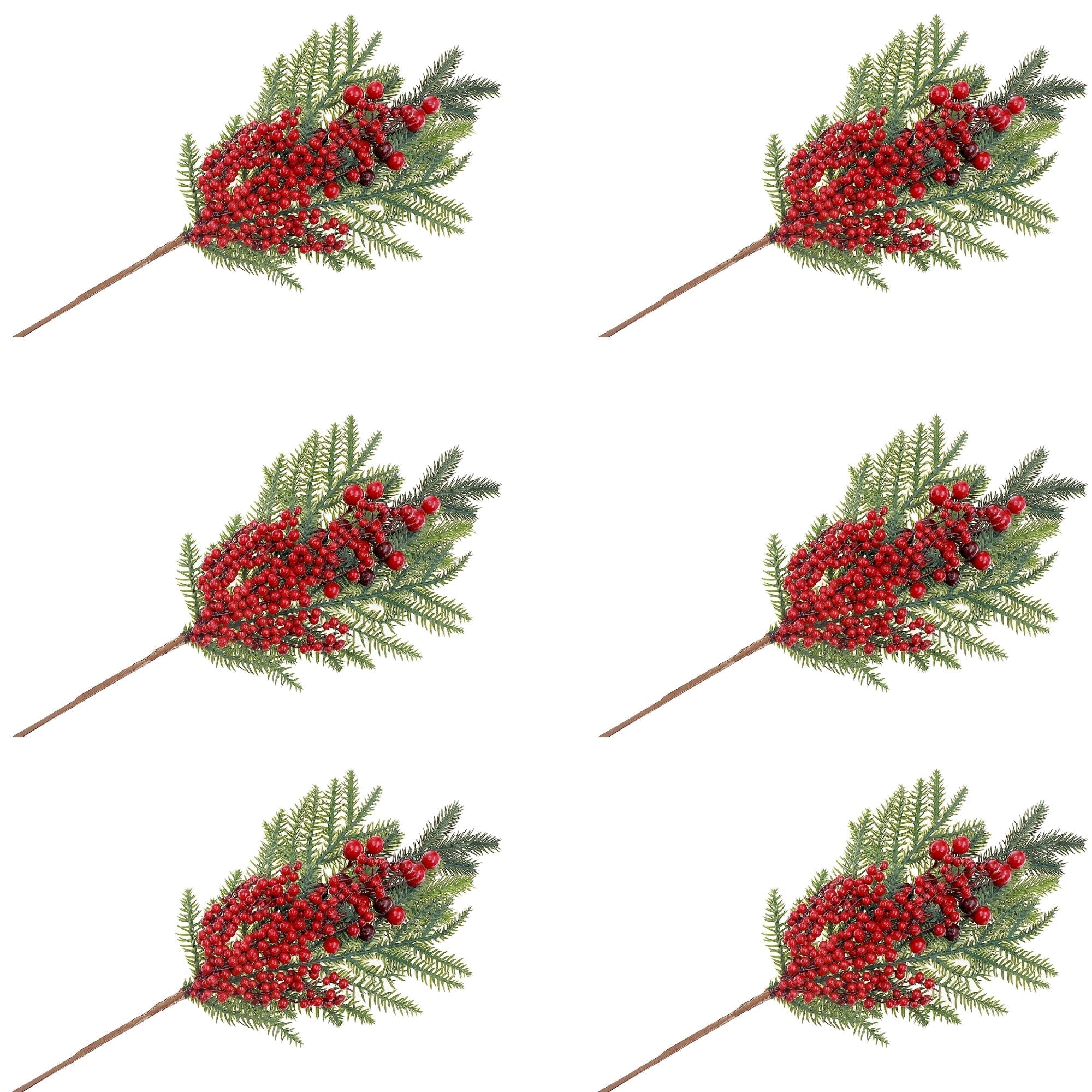 Pine and Berries Decorative Pick - Set of 6, Christmas Floral Decoration, Holiday Centerpiece Accent, Festive Arrangement