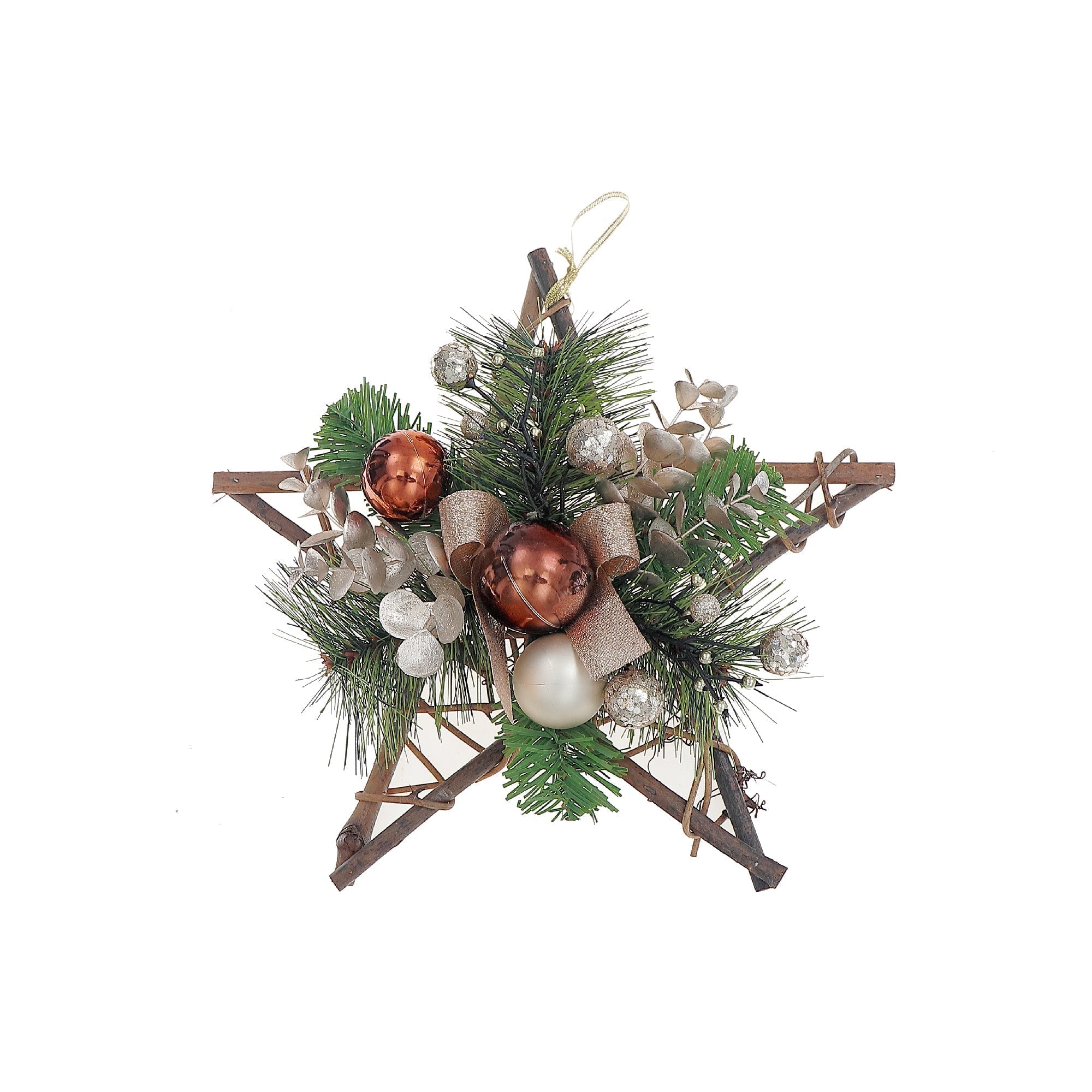 Twelve Inch Rattan Star Pine Hanging Decoration - Set of 2, Christmas Wall or Door Decor, Holiday Home Accent, Festive Decoration