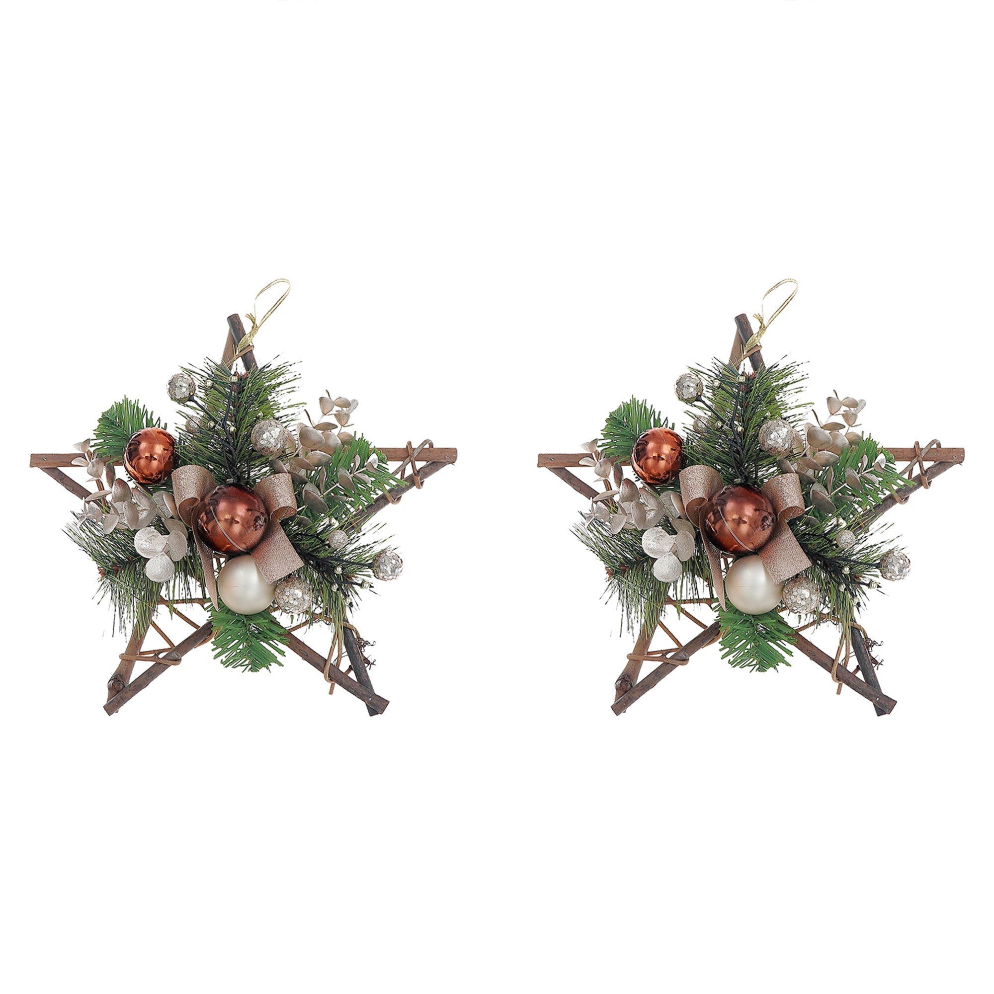 Twelve Inch Rattan Star Pine Hanging Decoration - Set of 2, Christmas Wall or Door Decor, Holiday Home Accent, Festive Decoration