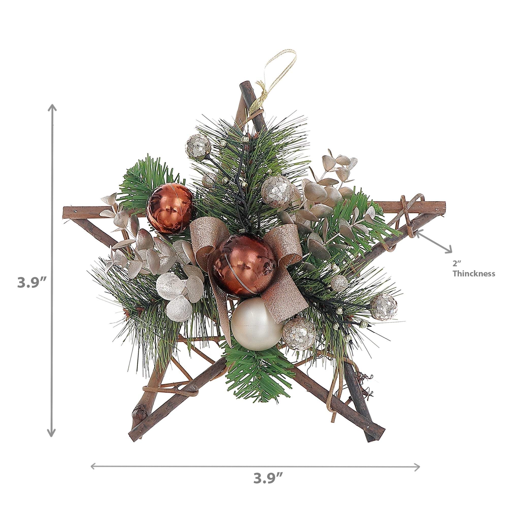 Twelve Inch Rattan Star Pine Hanging Decoration - Set of 2, Christmas Wall or Door Decor, Holiday Home Accent, Festive Decoration