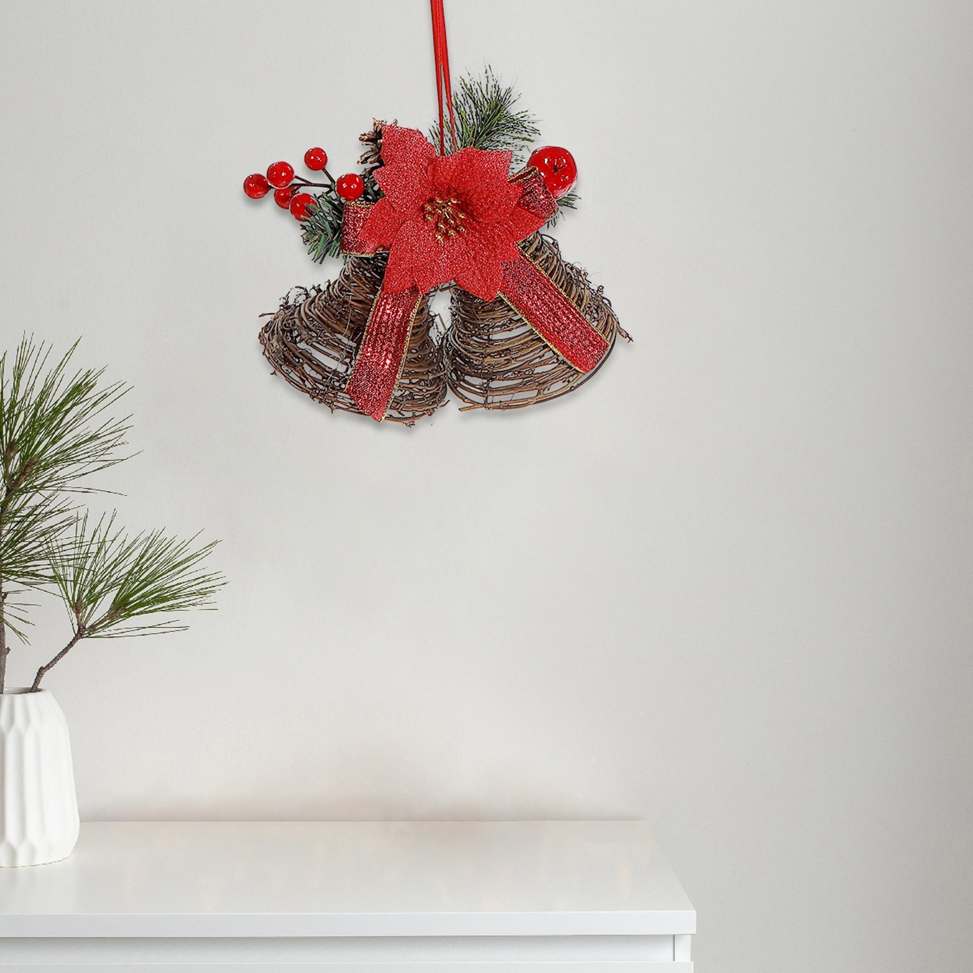 Rattan Twin Bell Decoration with Poinsettia and Berries, Holiday Door or Wall Decor, Christmas Floral Accent, Festive Decoration