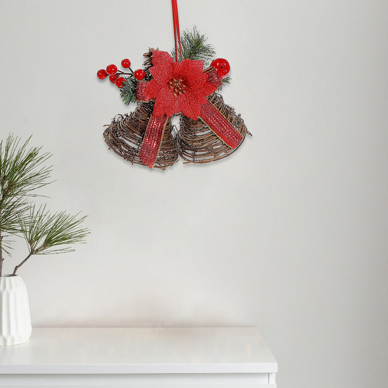 Rattan Twin Bell With Poinsettia And Berries