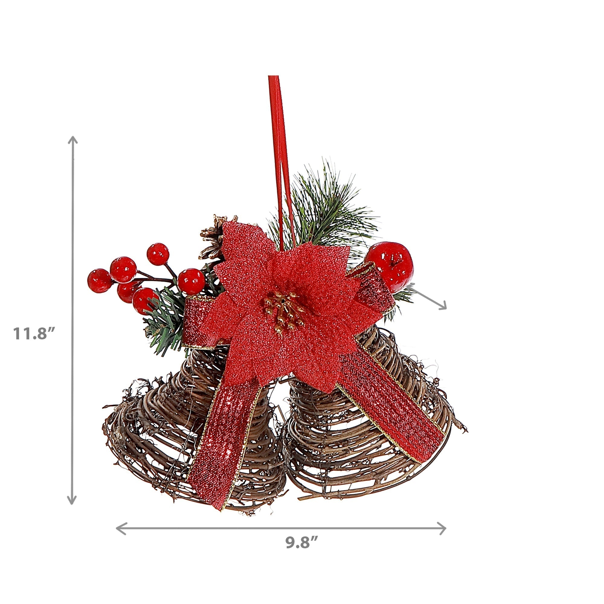 Rattan Twin Bell Decoration with Poinsettia and Berries, Holiday Door or Wall Decor, Christmas Floral Accent, Festive Decoration