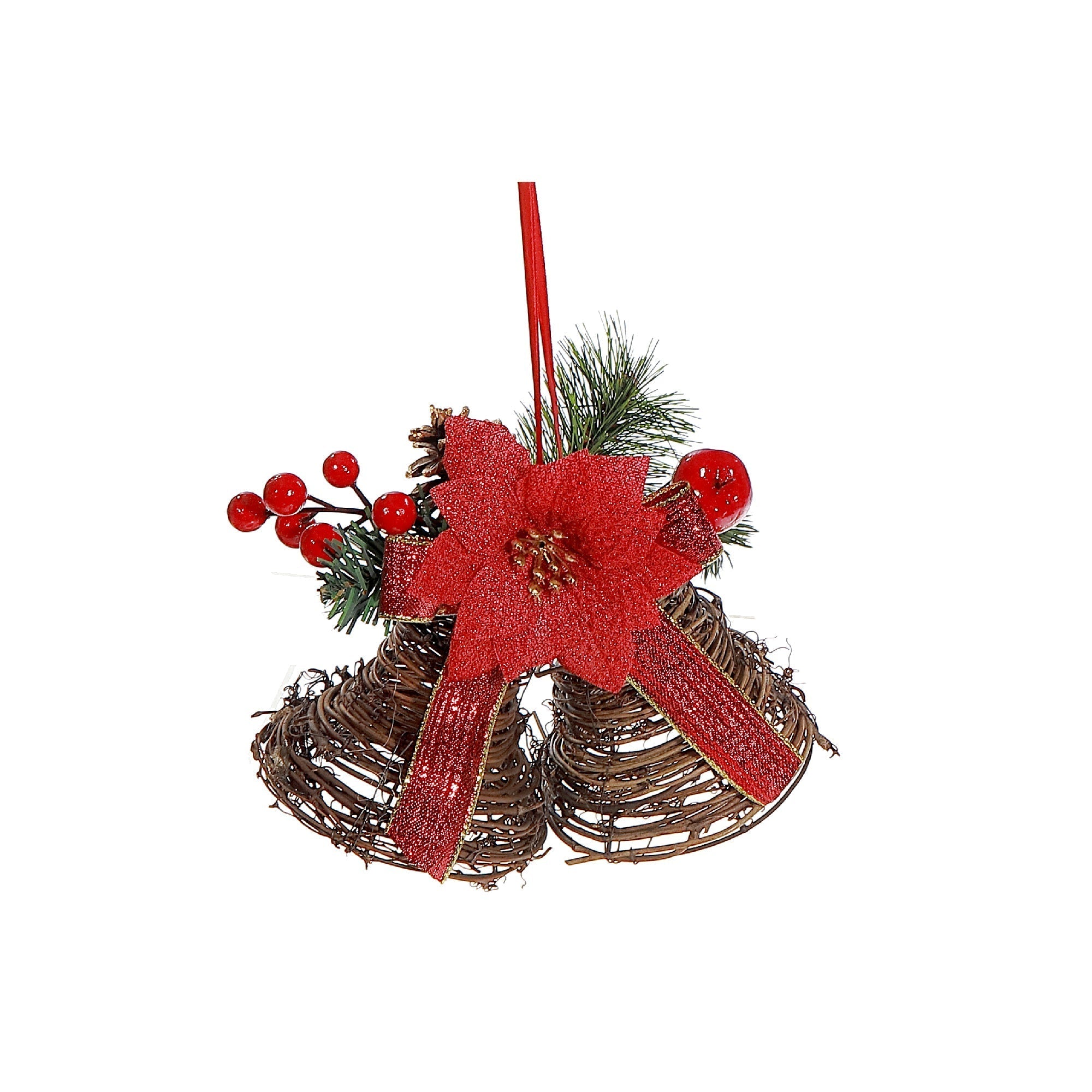 Rattan Twin Bell Decoration with Poinsettia and Berries, Holiday Door or Wall Decor, Christmas Floral Accent, Festive Decoration