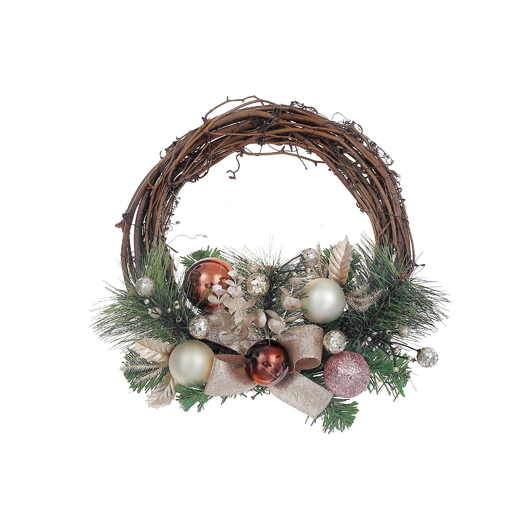 Rattan Pine Wreath with Bows and Balls, Christmas Wreath, Holiday Door Decor, Festive Home Decoration