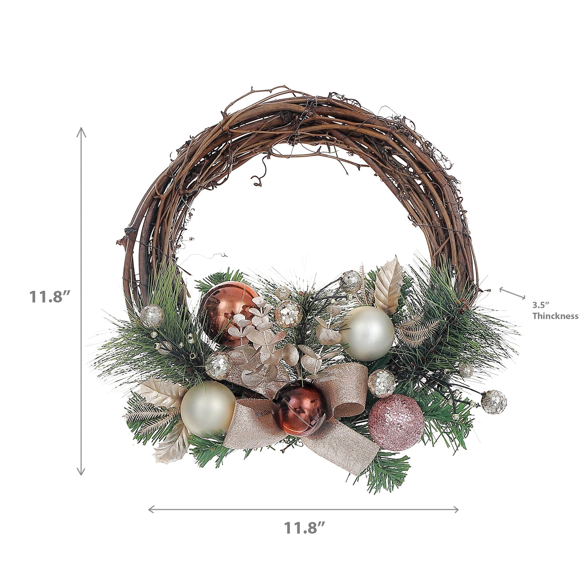 Rattan Pine Wreath with Bows and Balls, Christmas Wreath, Holiday Door Decor, Festive Home Decoration