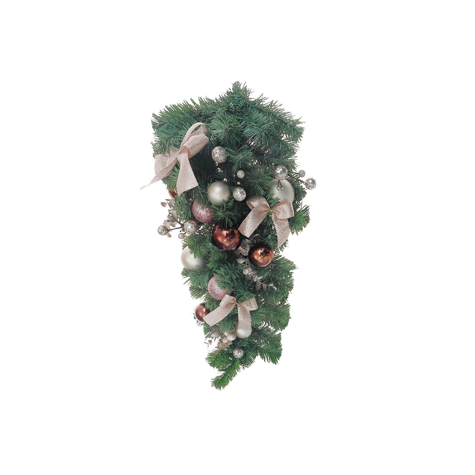 Pine Teardrop Decoration with Bows and Balls, Christmas Hanging Decoration, Holiday Floral Accent, Festive Door or Wall Decor