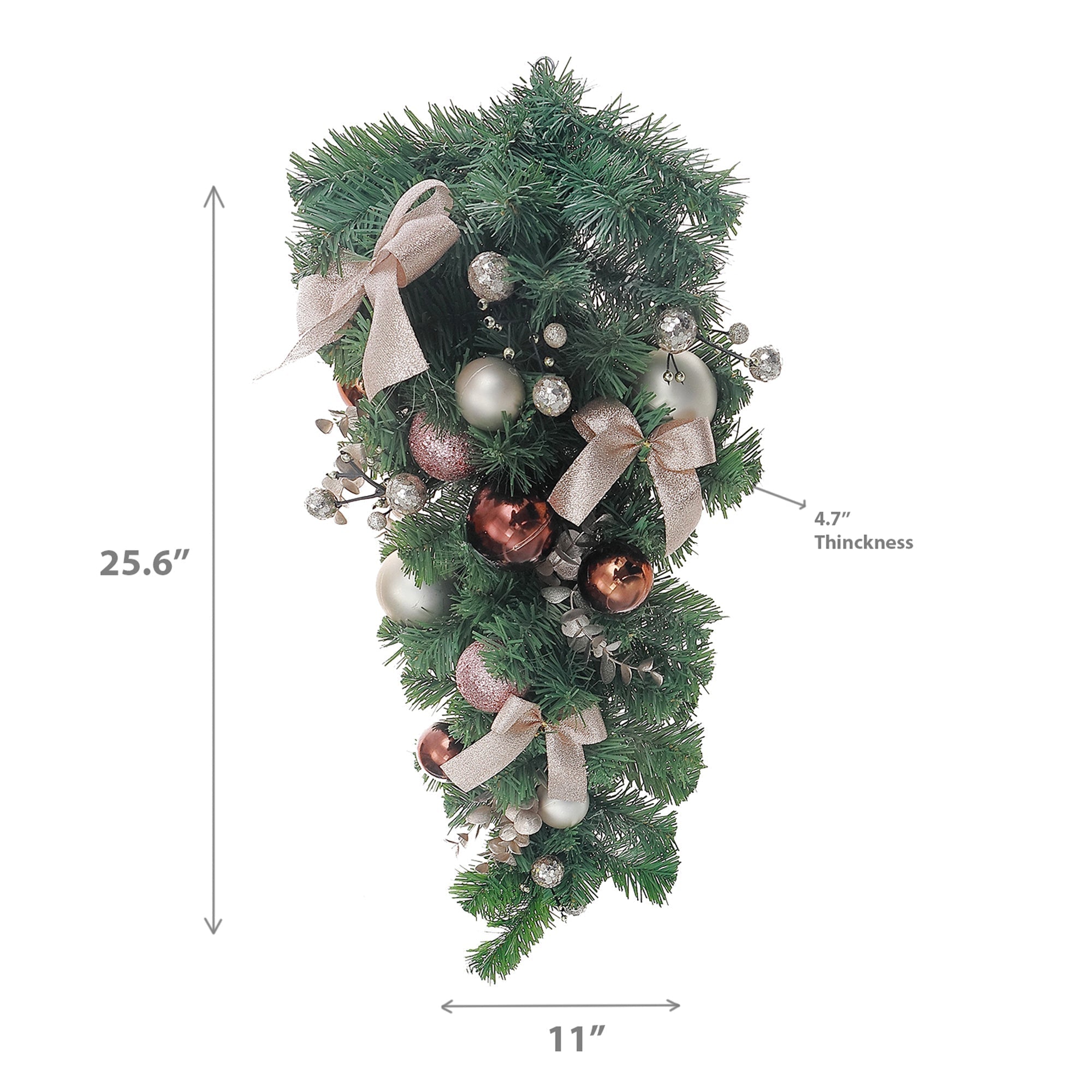 Pine Teardrop Decoration with Bows and Balls, Christmas Hanging Decoration, Holiday Floral Accent, Festive Door or Wall Decor