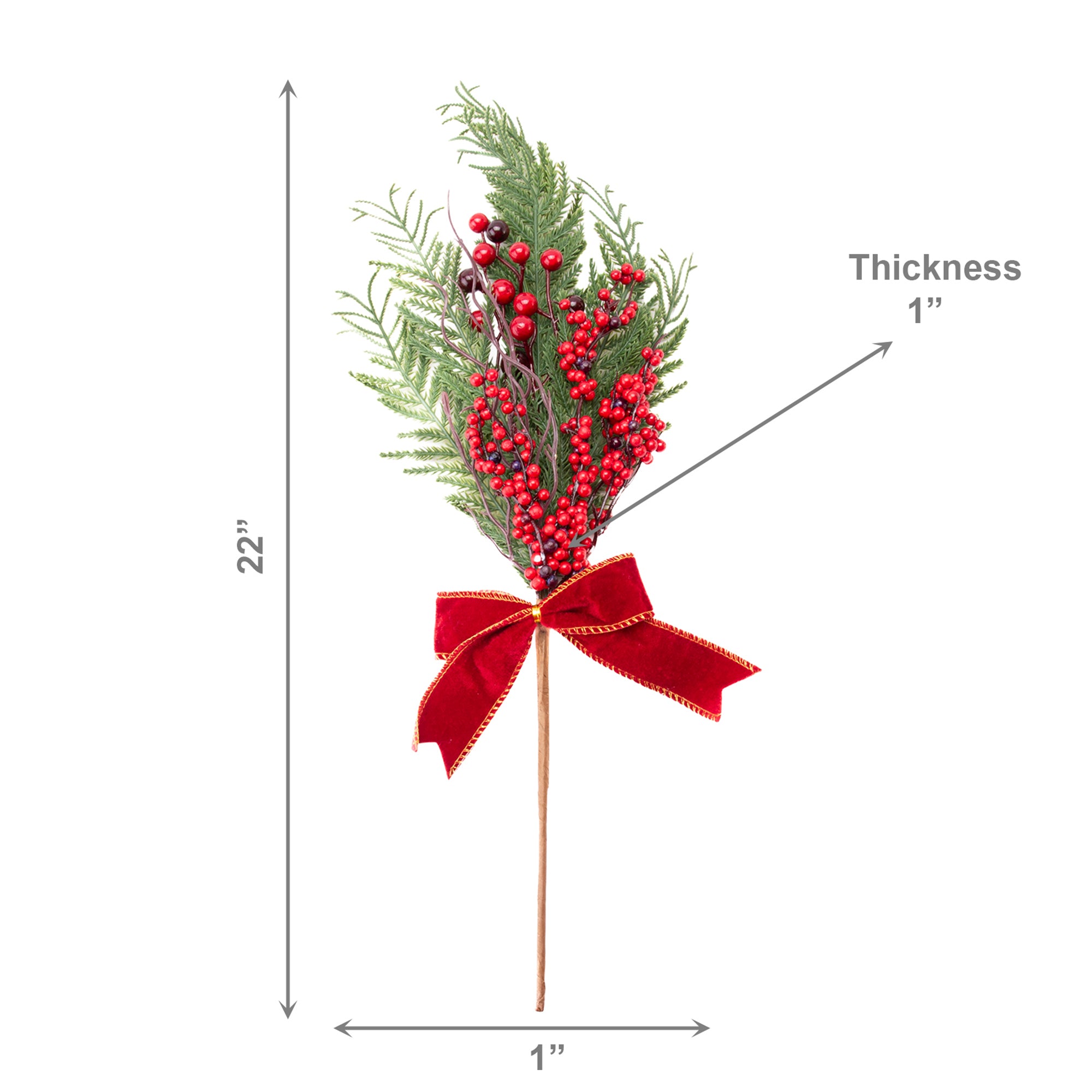 22" Pine and Berries with Bow Pick, Holiday Decor- Set of 2