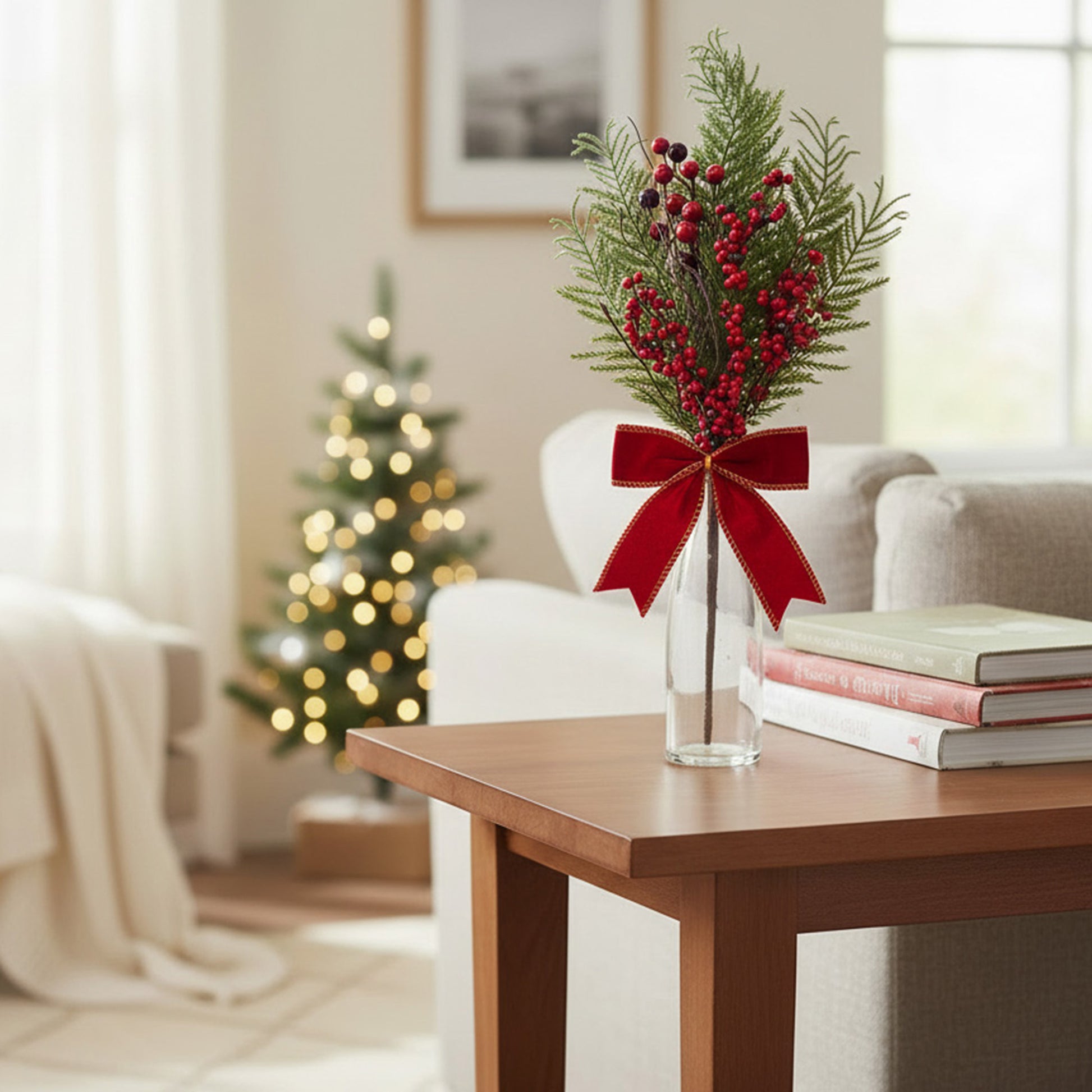 22" Pine and Berries with Bow Pick, Holiday Decor- Set of 2