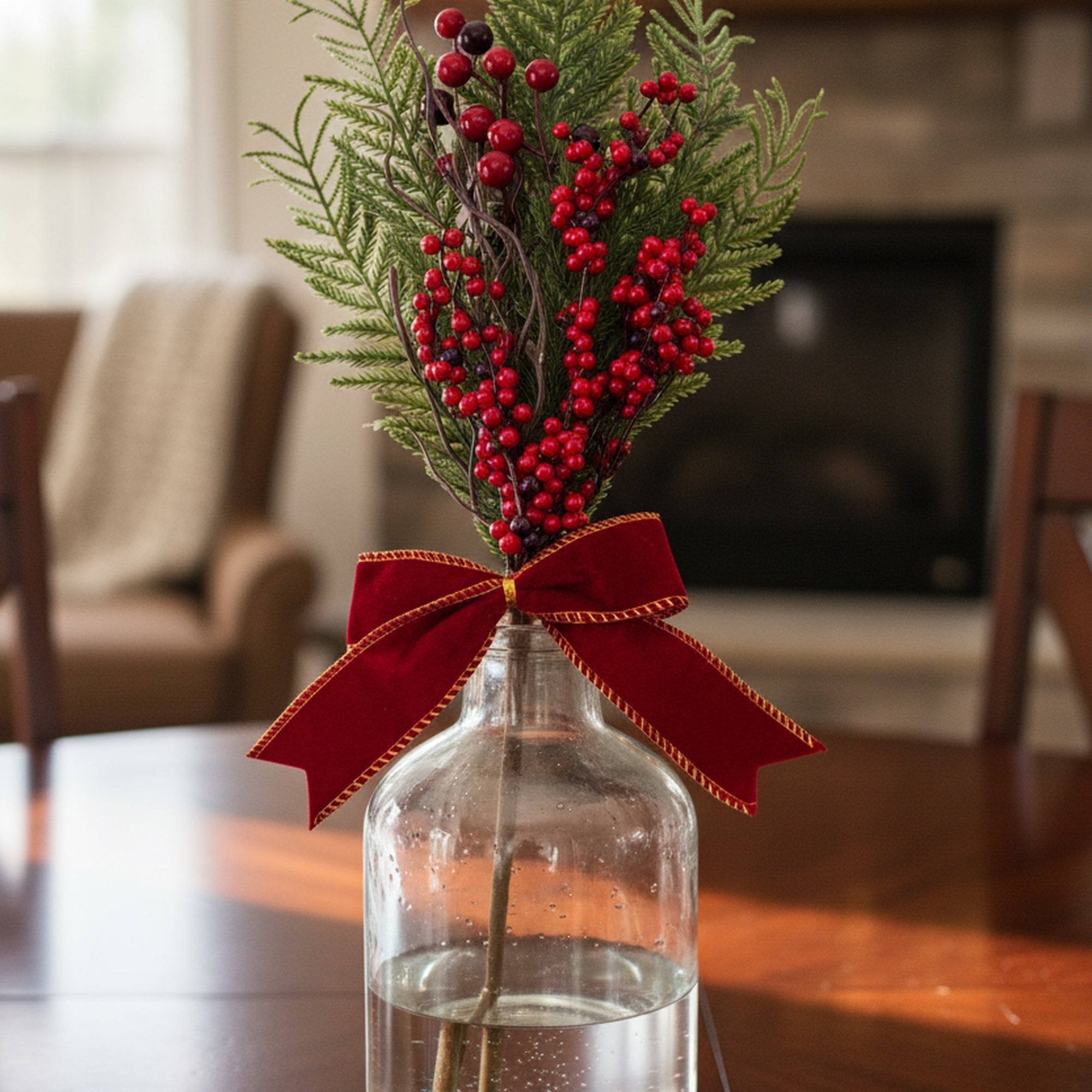 22" Pine and Berries with Bow Pick, Holiday Decor- Set of 2