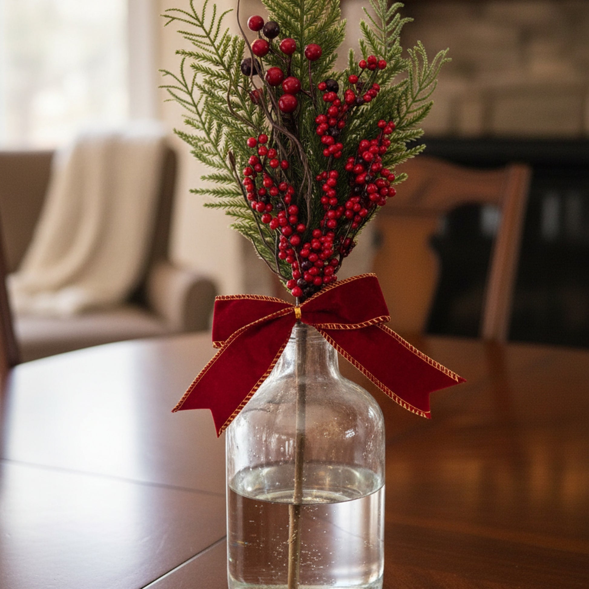 22" Pine and Berries with Bow Pick, Holiday Decor- Set of 2