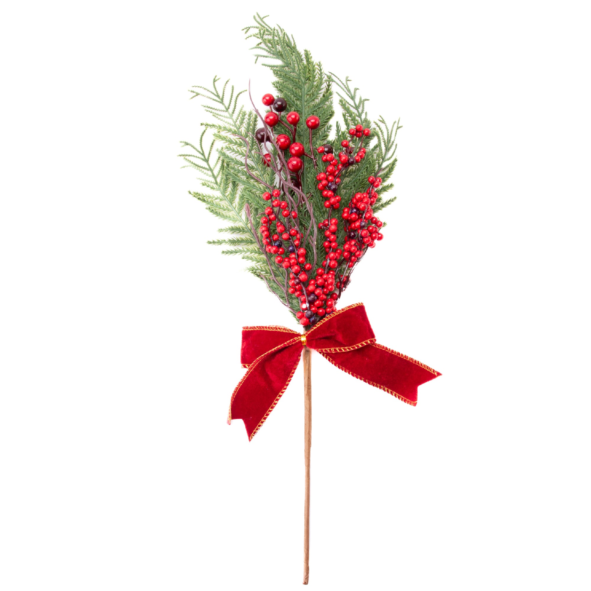 22" Pine and Berries with Bow Pick, Holiday Decor- Set of 2