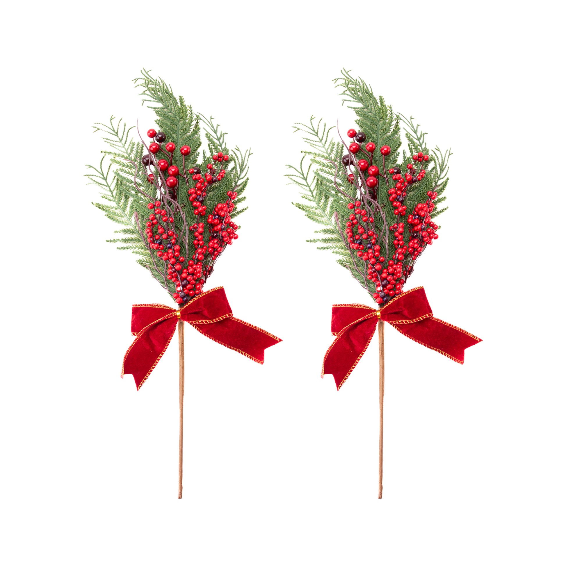 22" Pine and Berries with Bow Pick, Holiday Decor- Set of 2