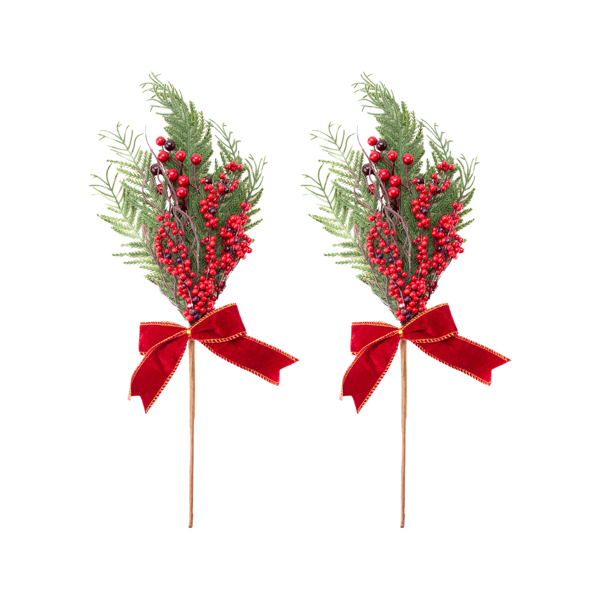 22" Pine and Berries with Bow Pick, Holiday Decor- Set of 2