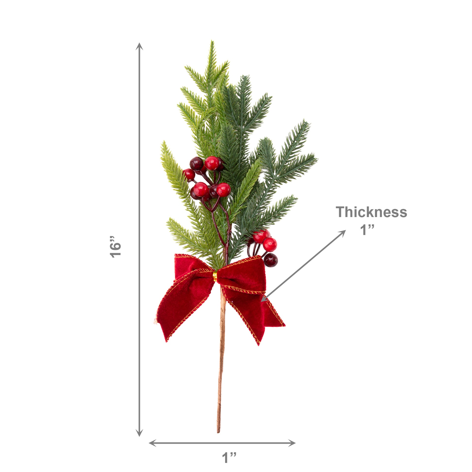 16" Pine and Berries with Bow Pick, Holiday Decor- Set of 3