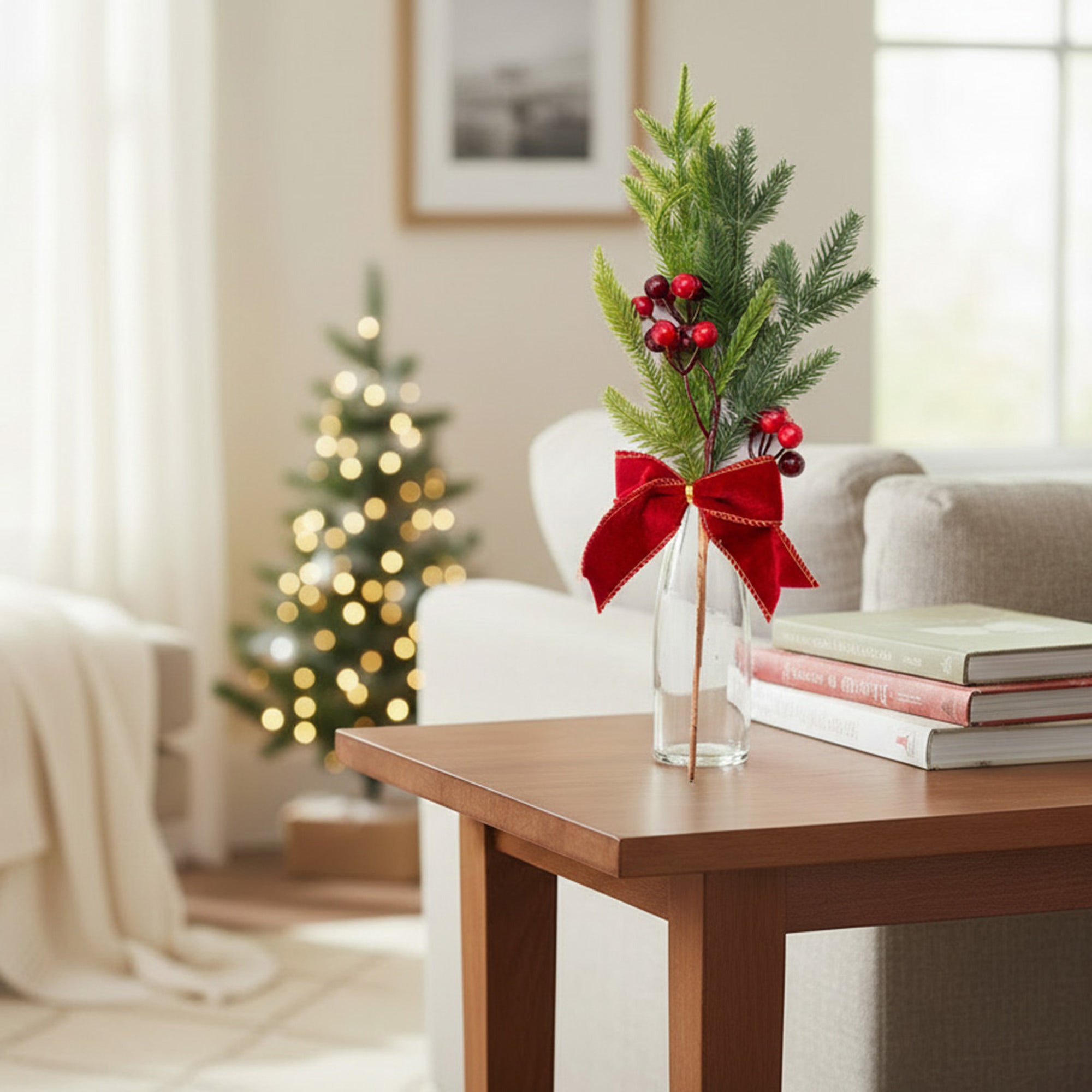 16" Pine and Berries with Bow Pick, Holiday Decor- Set of 3