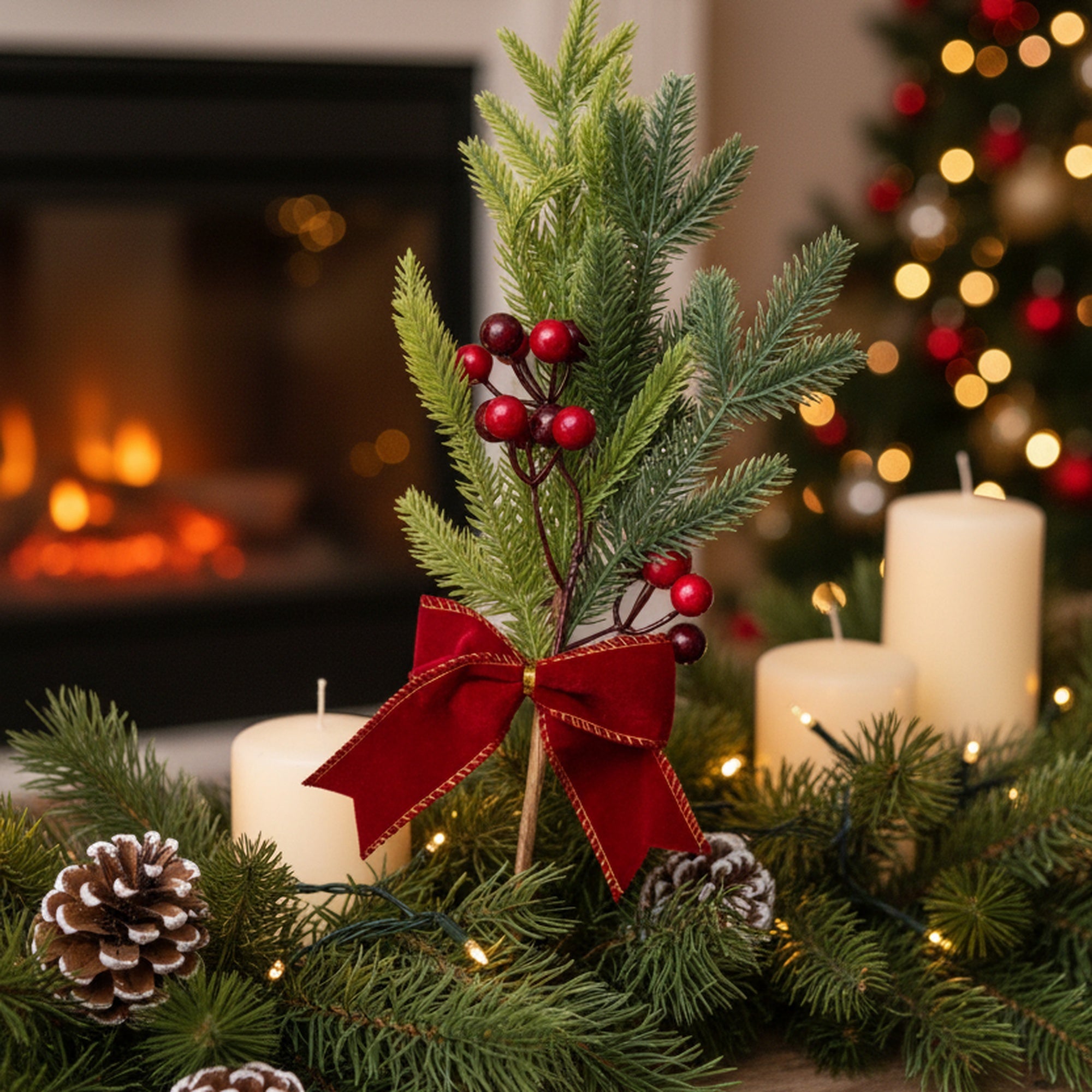 16" Pine and Berries with Bow Pick, Holiday Decor- Set of 3