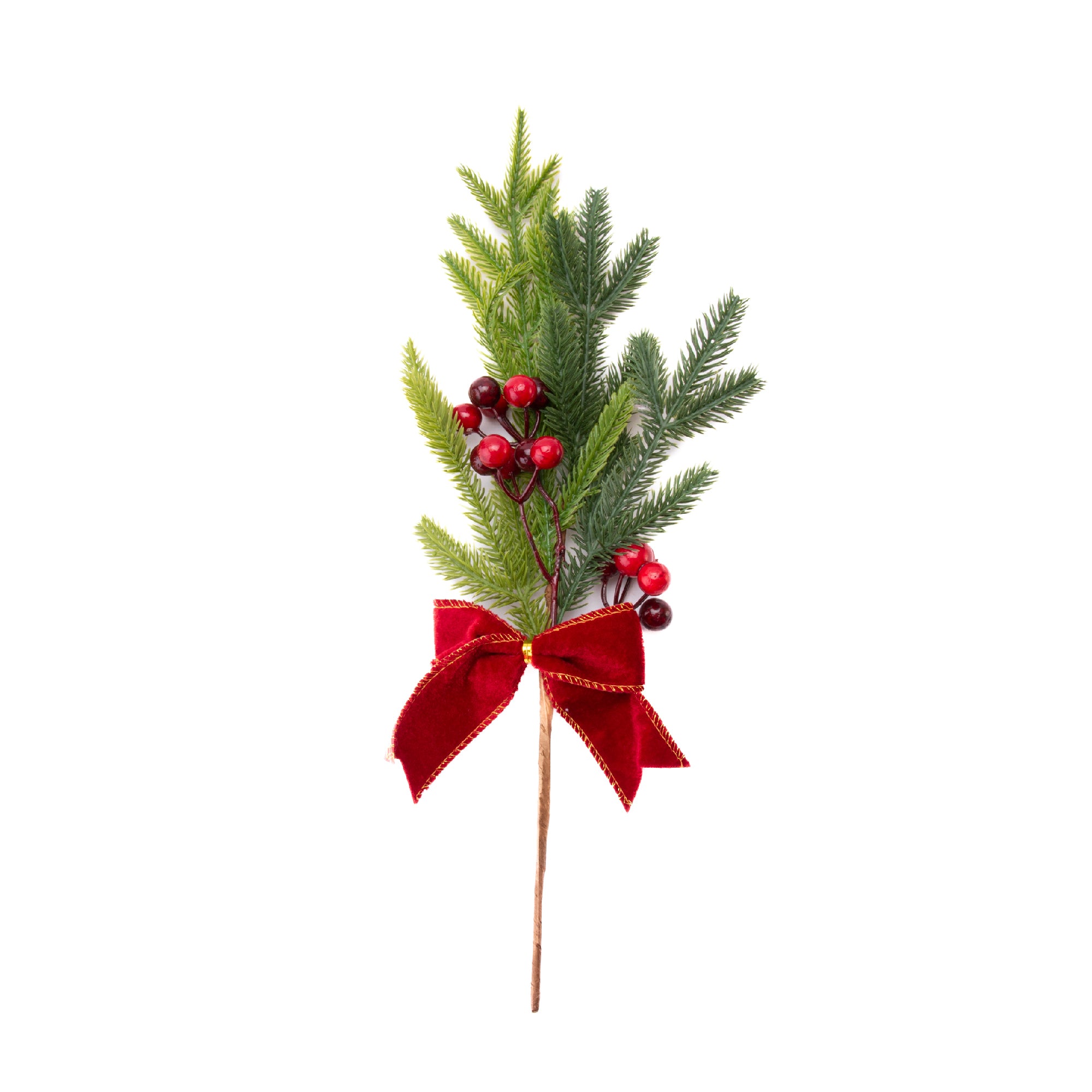 16" Pine and Berries with Bow Pick, Holiday Decor- Set of 3