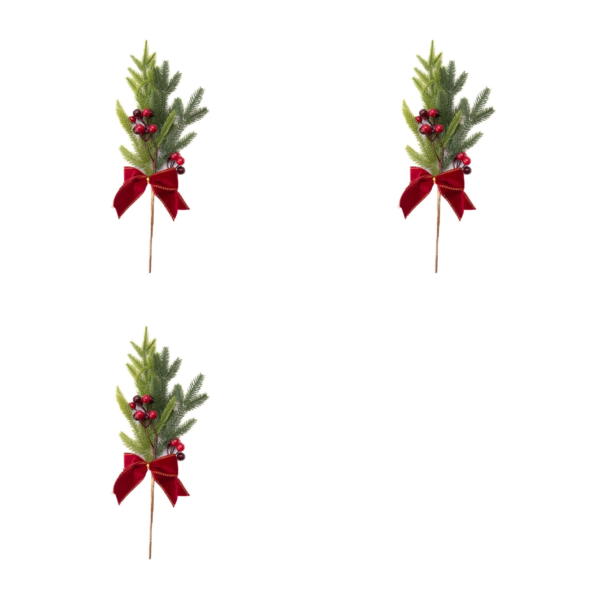 16" Pine and Berries with Bow Pick, Holiday Decor- Set of 3