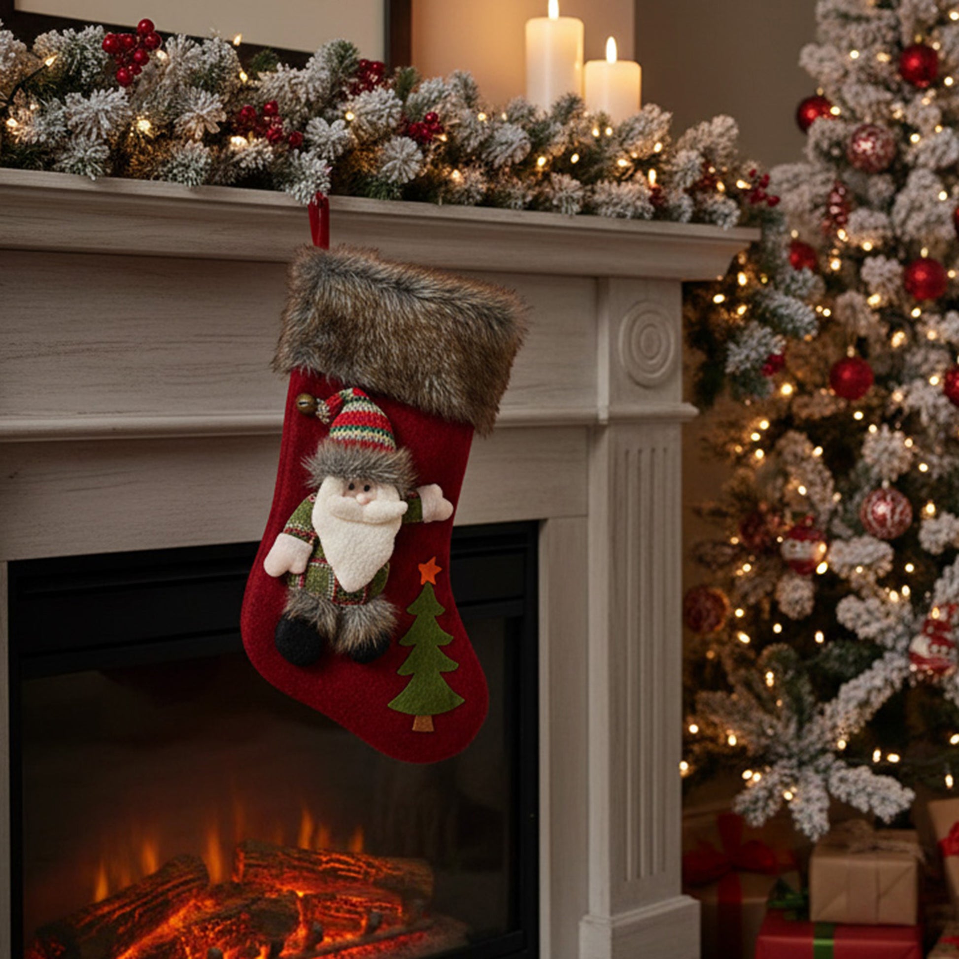 20" Stocking with Santa and Tree, Christmas, Stocking, Holiday Decor