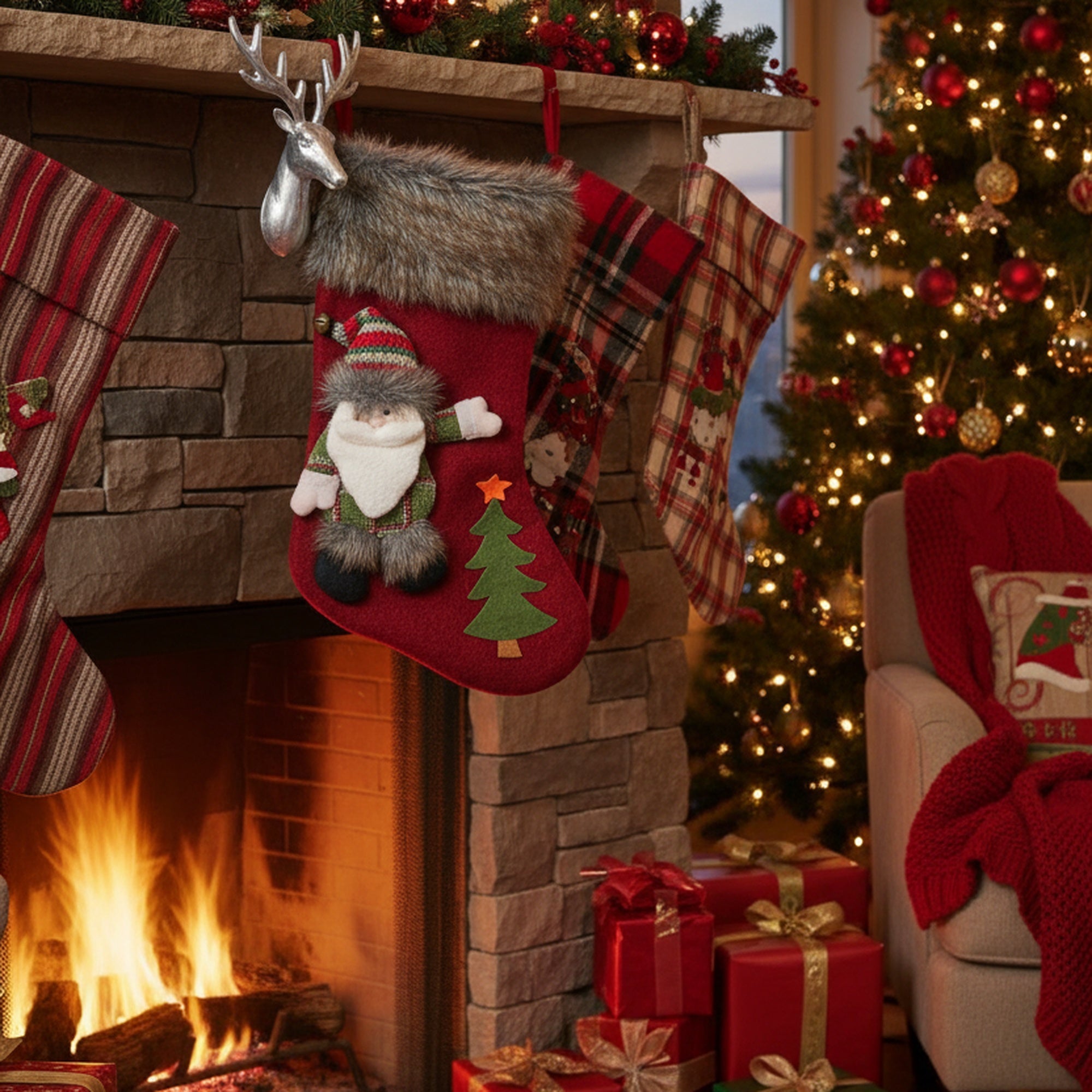 20" Stocking with Santa and Tree, Christmas, Stocking, Holiday Decor