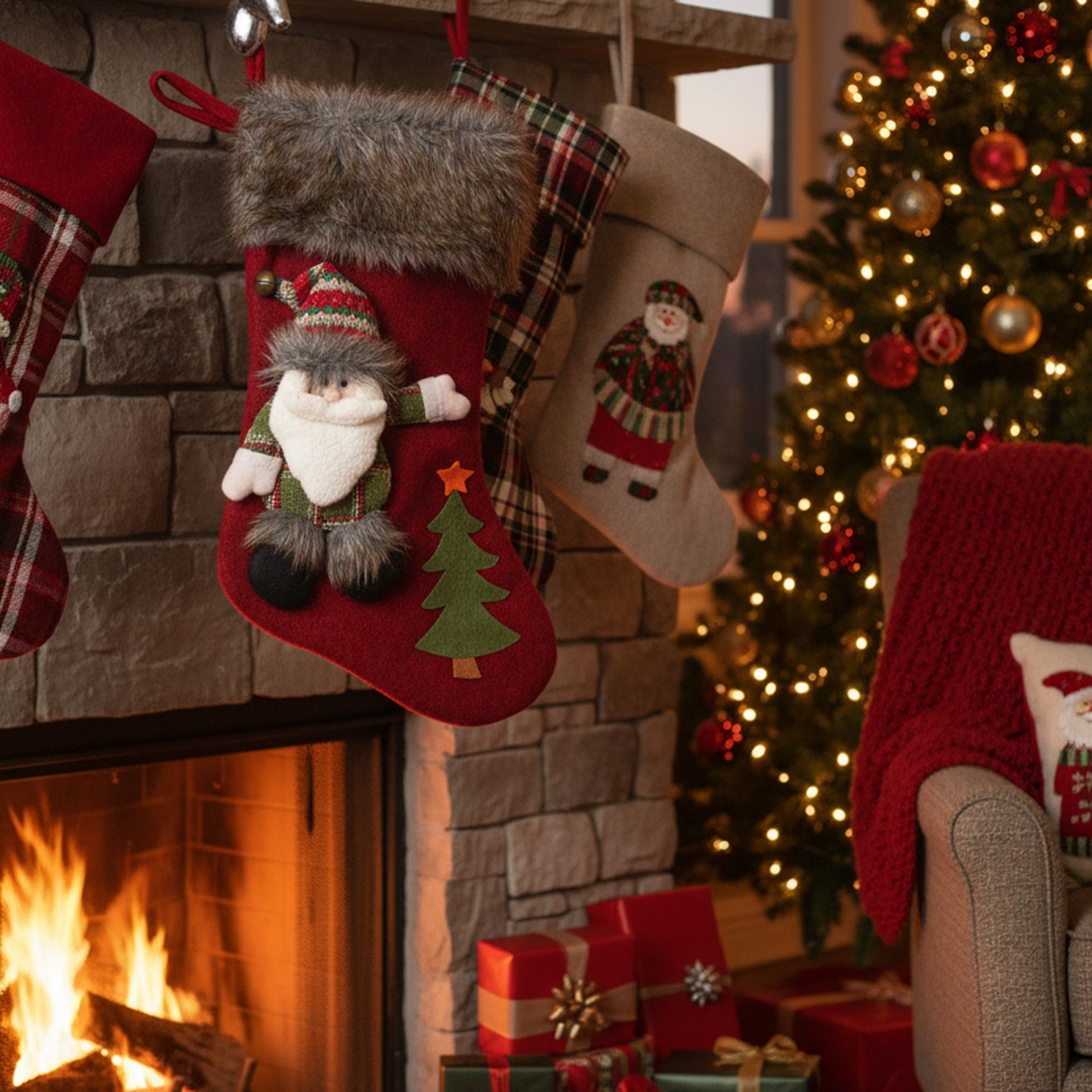 20" Stocking with Santa and Tree, Christmas, Stocking, Holiday Decor