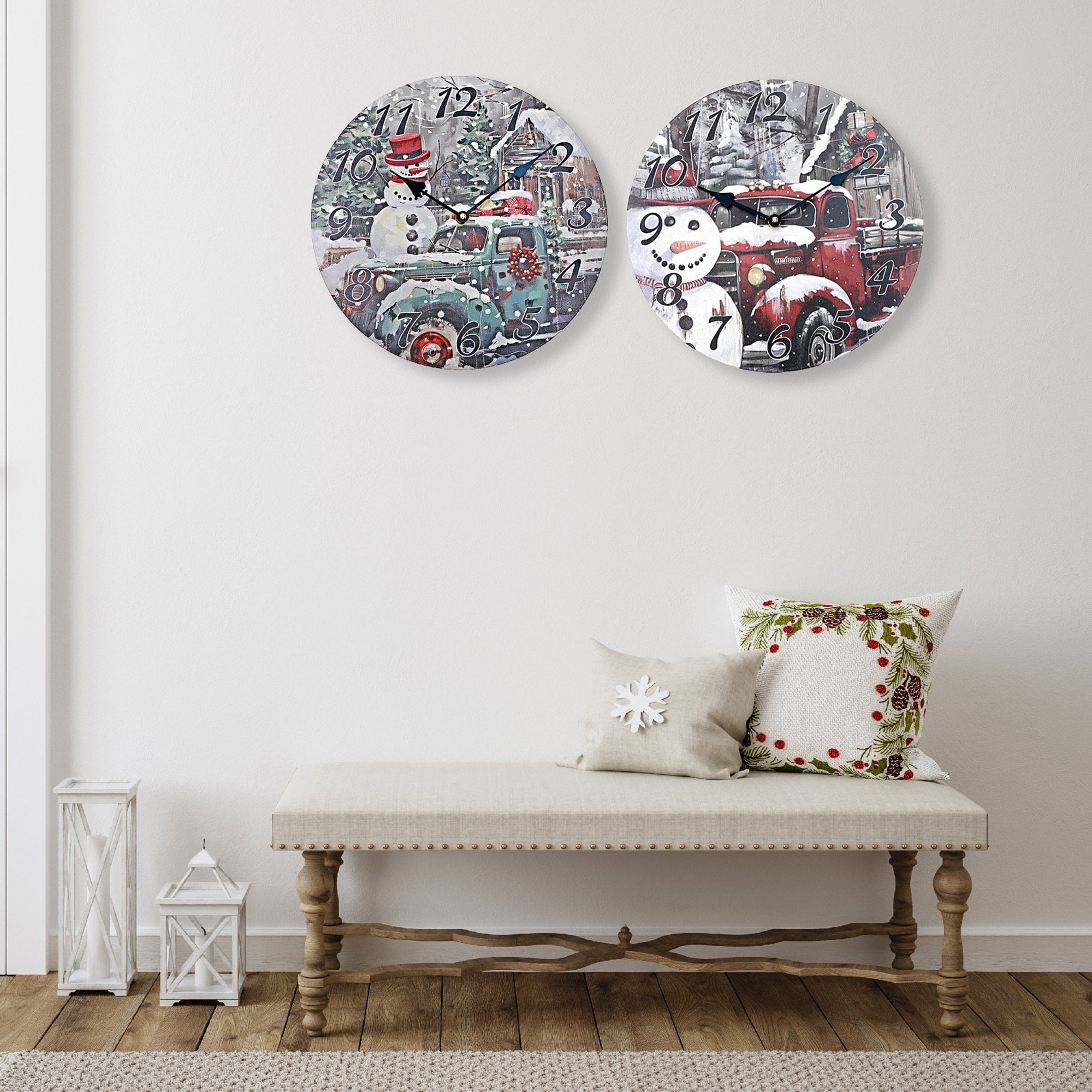 Wall Clock Assorted Red Truck and Blue Truck Design - Set of 2, Christmas Decor, Holiday Accent, Festive Home