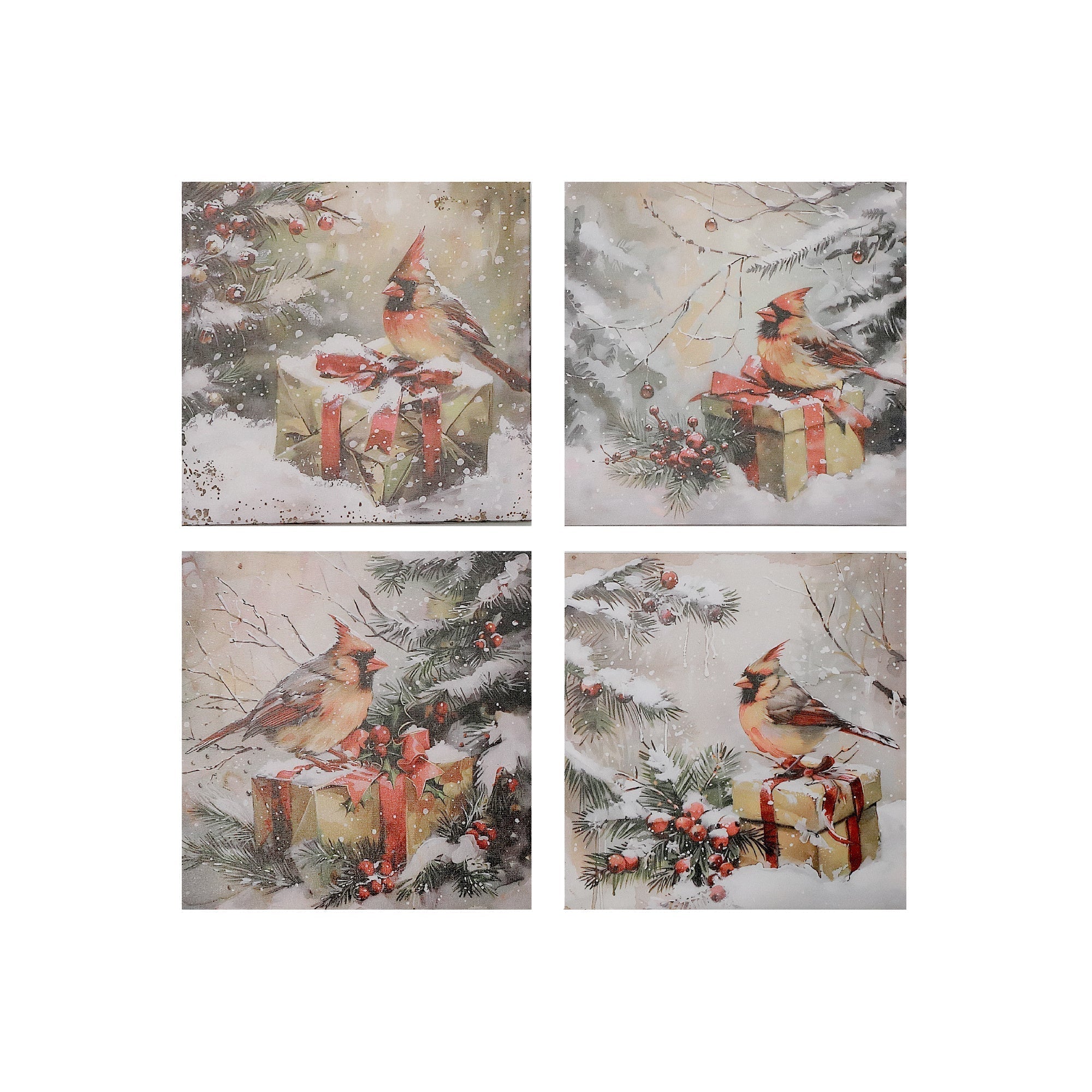 Canvas Wall Art Set of 4 Bird with Presents – Christmas Wall Decor, Holiday Canvas Artwork, Festive Winter Scene, Seasonal Home Decoration