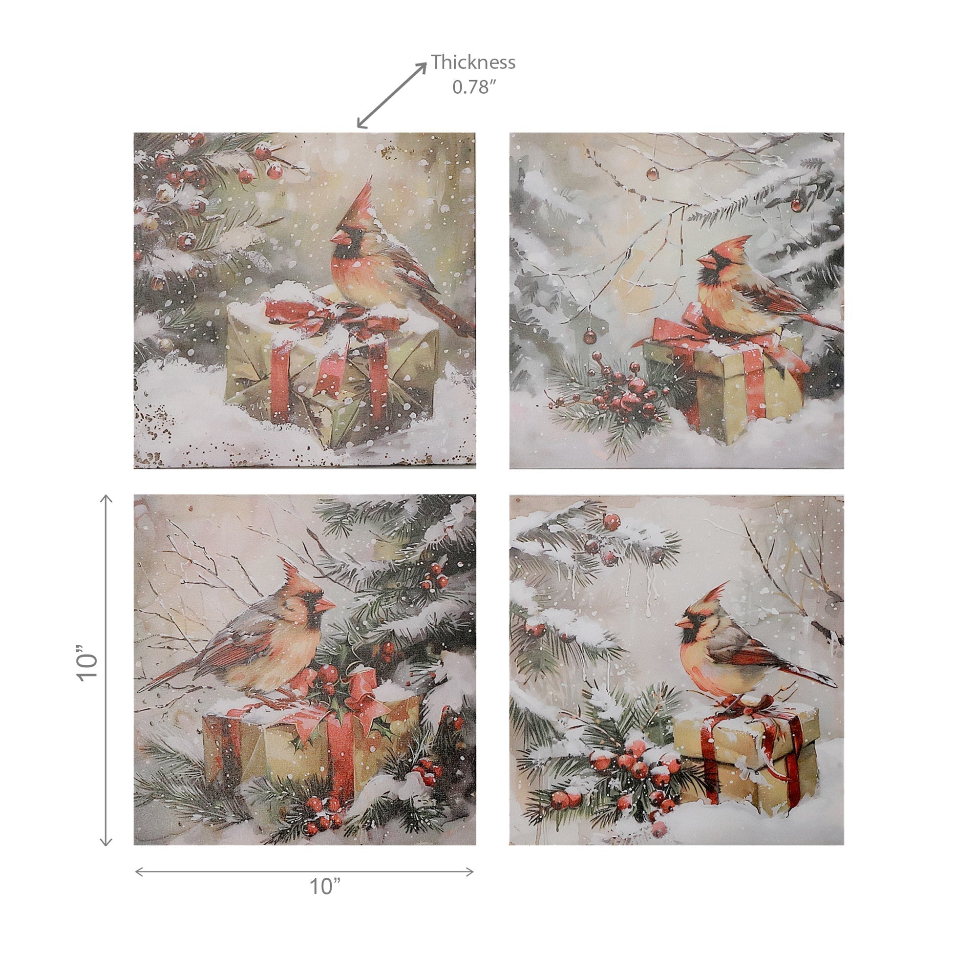 Canvas Wall Art Set of 4 Bird with Presents – Christmas Wall Decor, Holiday Canvas Artwork, Festive Winter Scene, Seasonal Home Decoration