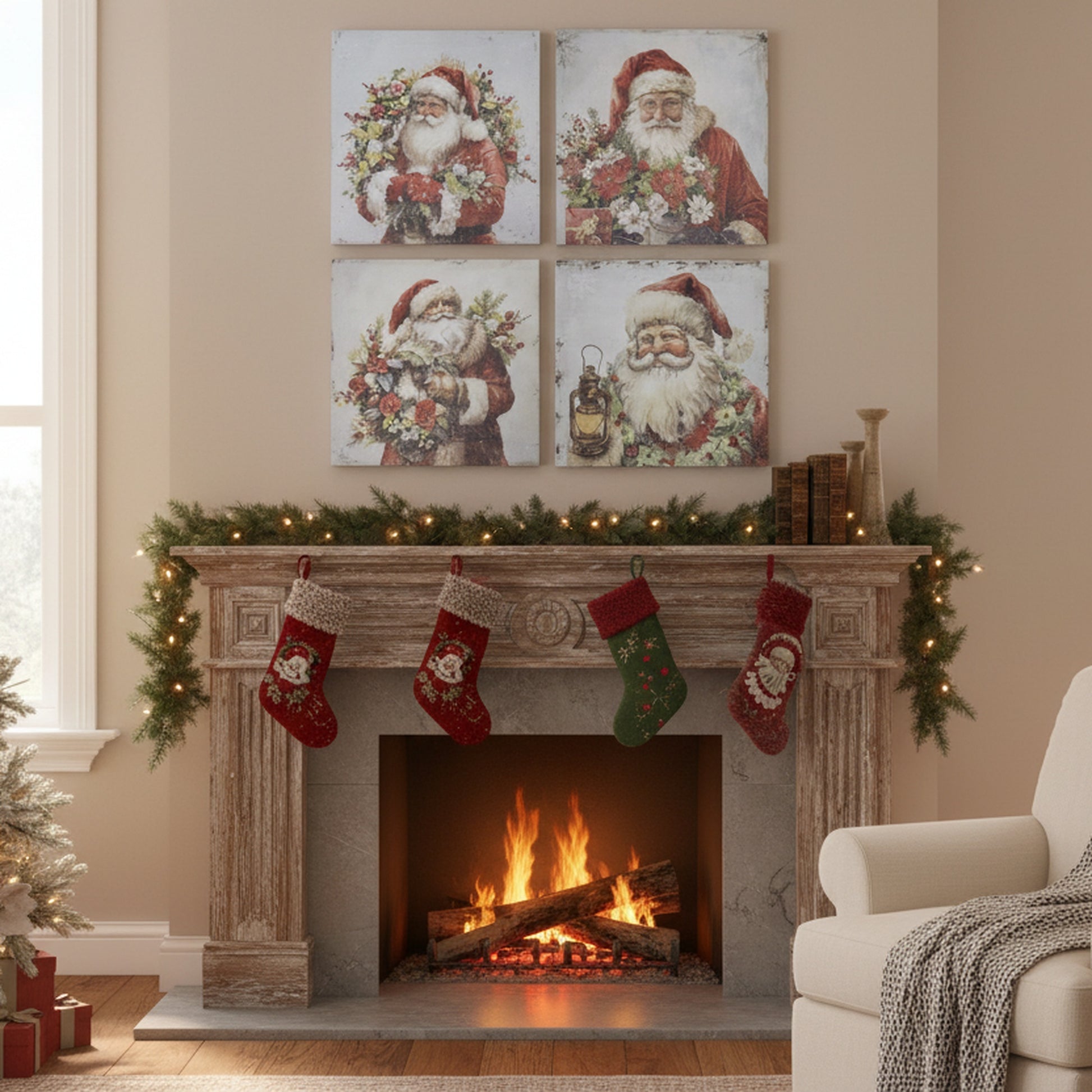 Canvas Wall Art Santa with Wreath Assorted, Christmas, Wall Decor, Holiday Decor- Set of 4