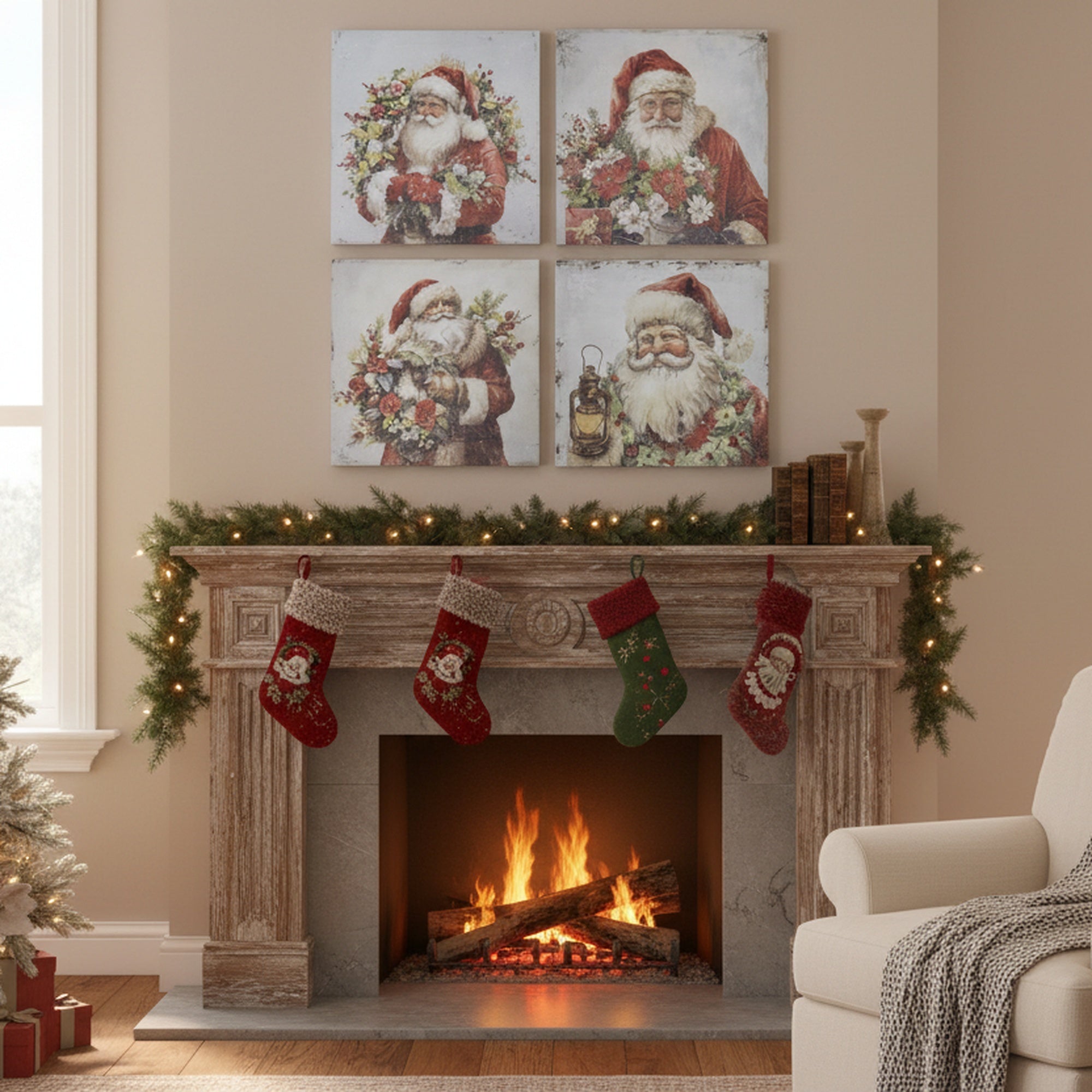 Canvas Wall Art Santa with Wreath Assorted, Christmas, Wall Decor, Holiday Decor- Set of 4