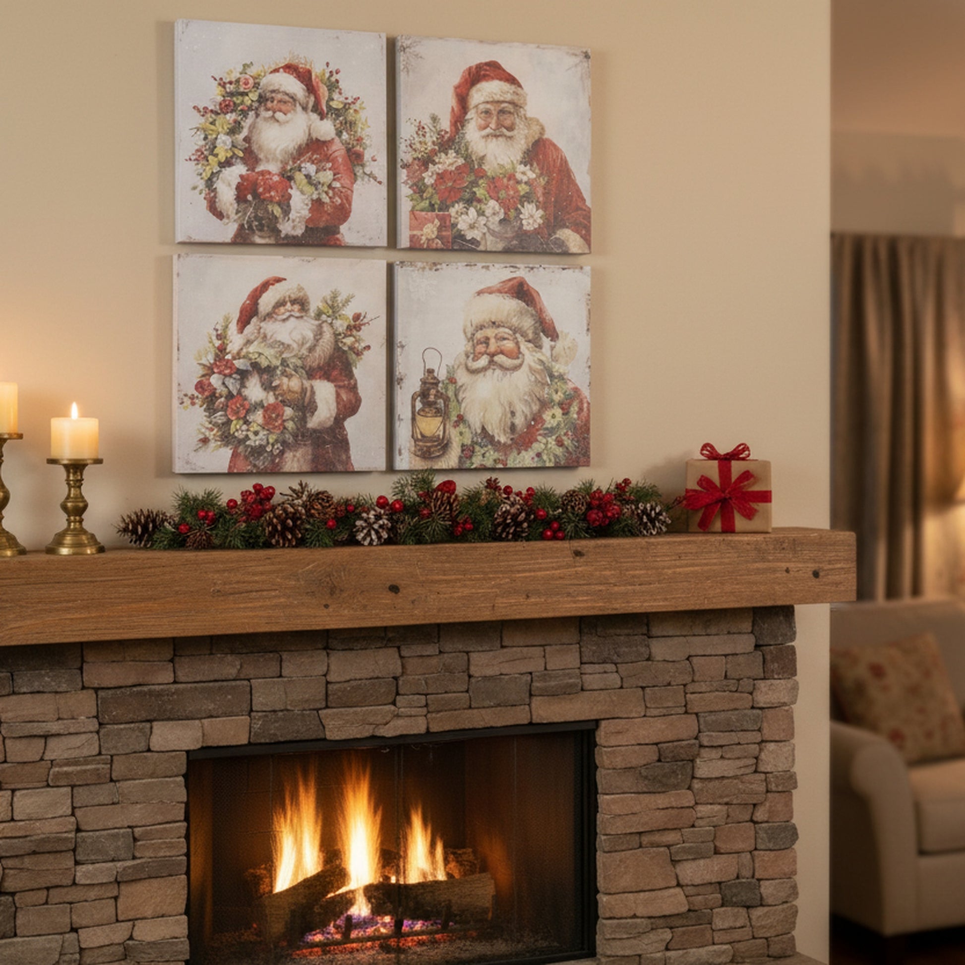 Canvas Wall Art Santa with Wreath Assorted, Christmas, Wall Decor, Holiday Decor- Set of 4