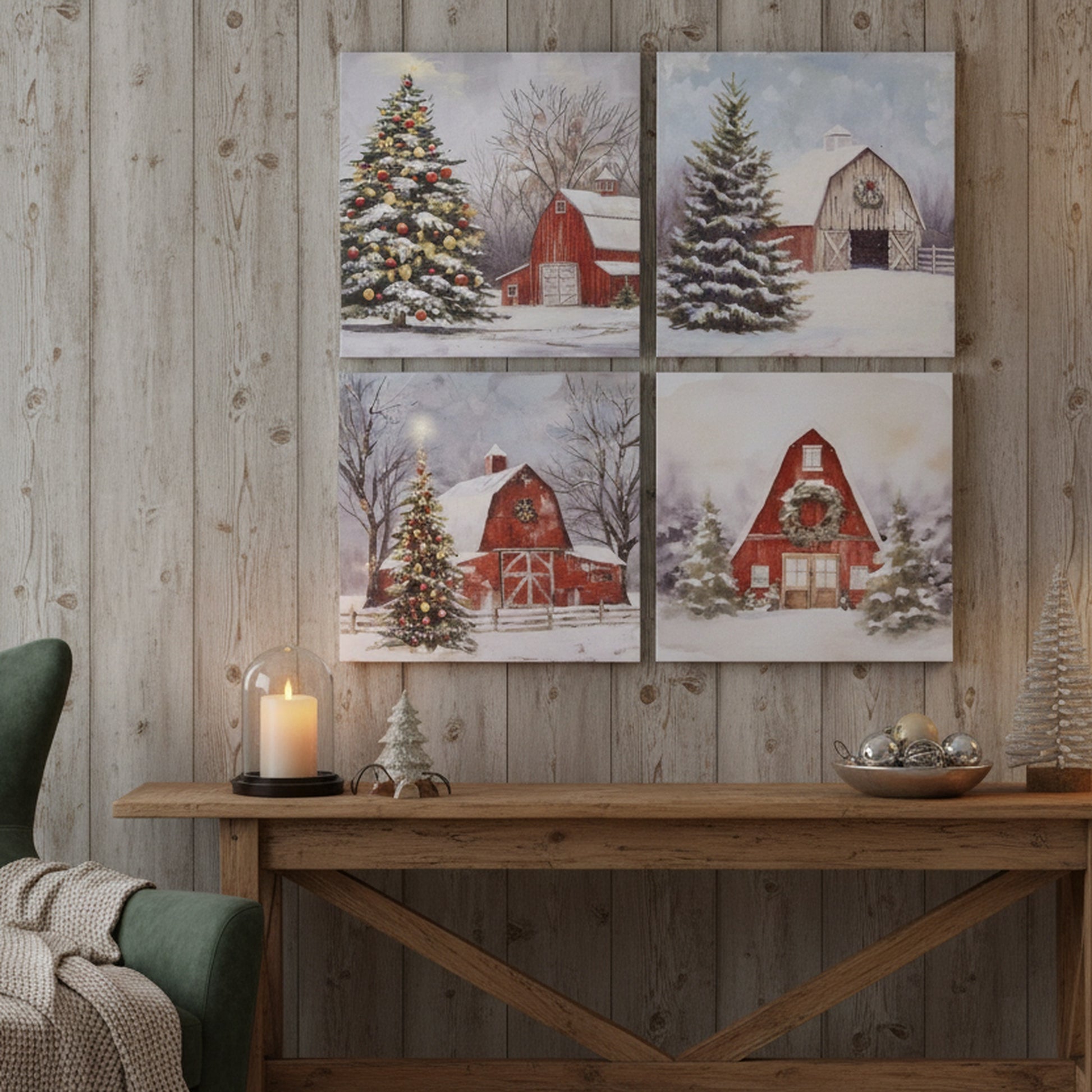 Canvas Wall Art Winter Barn Assorted, Winter, Wall Decor, Holiday Decor- Set of 4